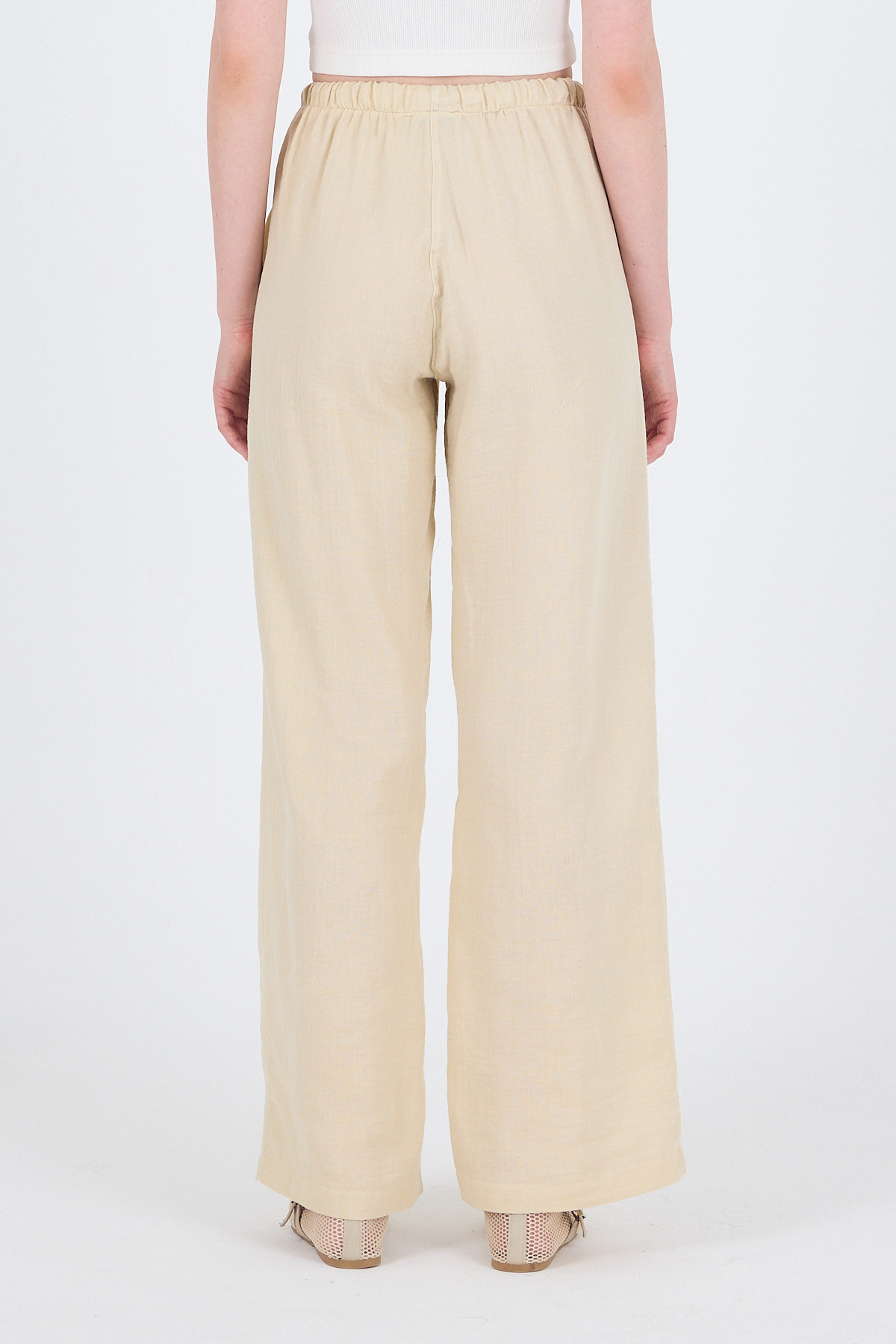 Taş Keten Görünümlü %100 Pamuk Cepli Bol Paça Pantolon 8054A - 6