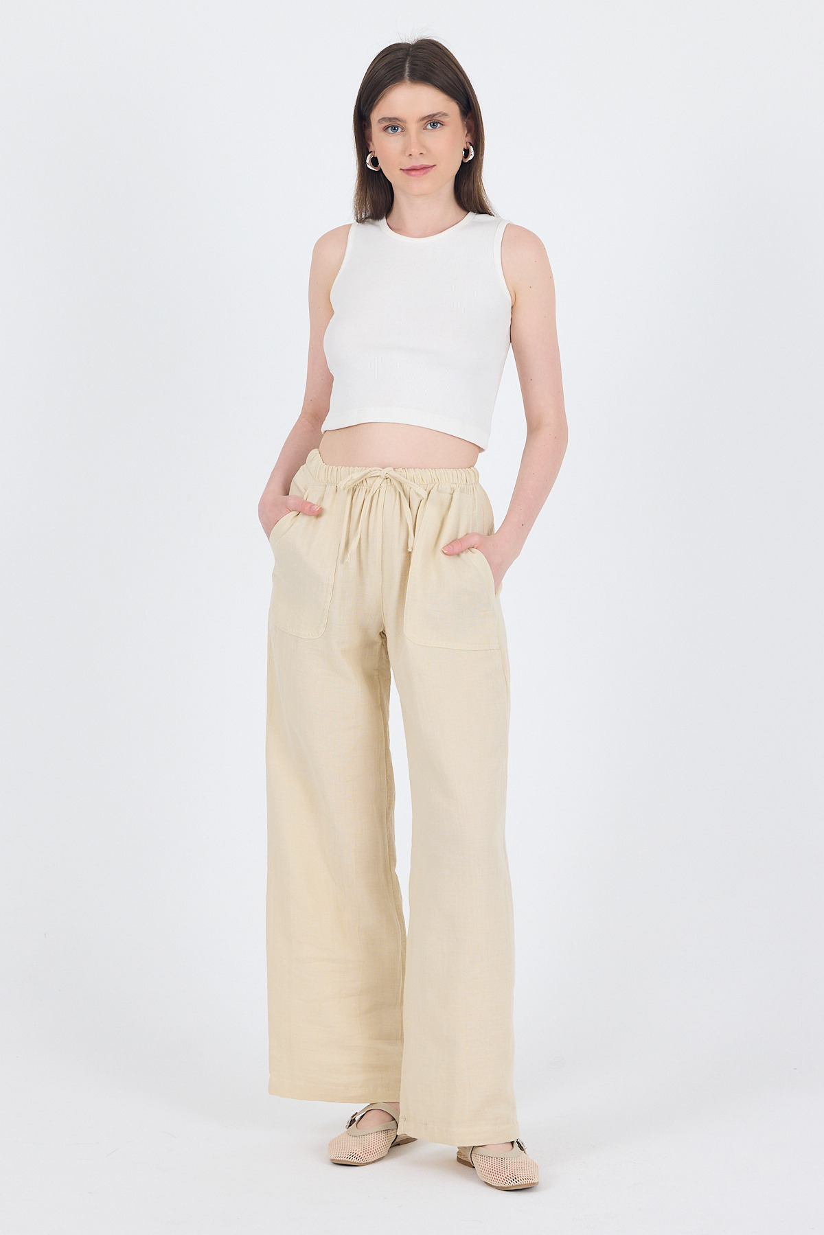 Taş Keten Görünümlü %100 Pamuk Cepli Bol Paça Pantolon 8054A - 1