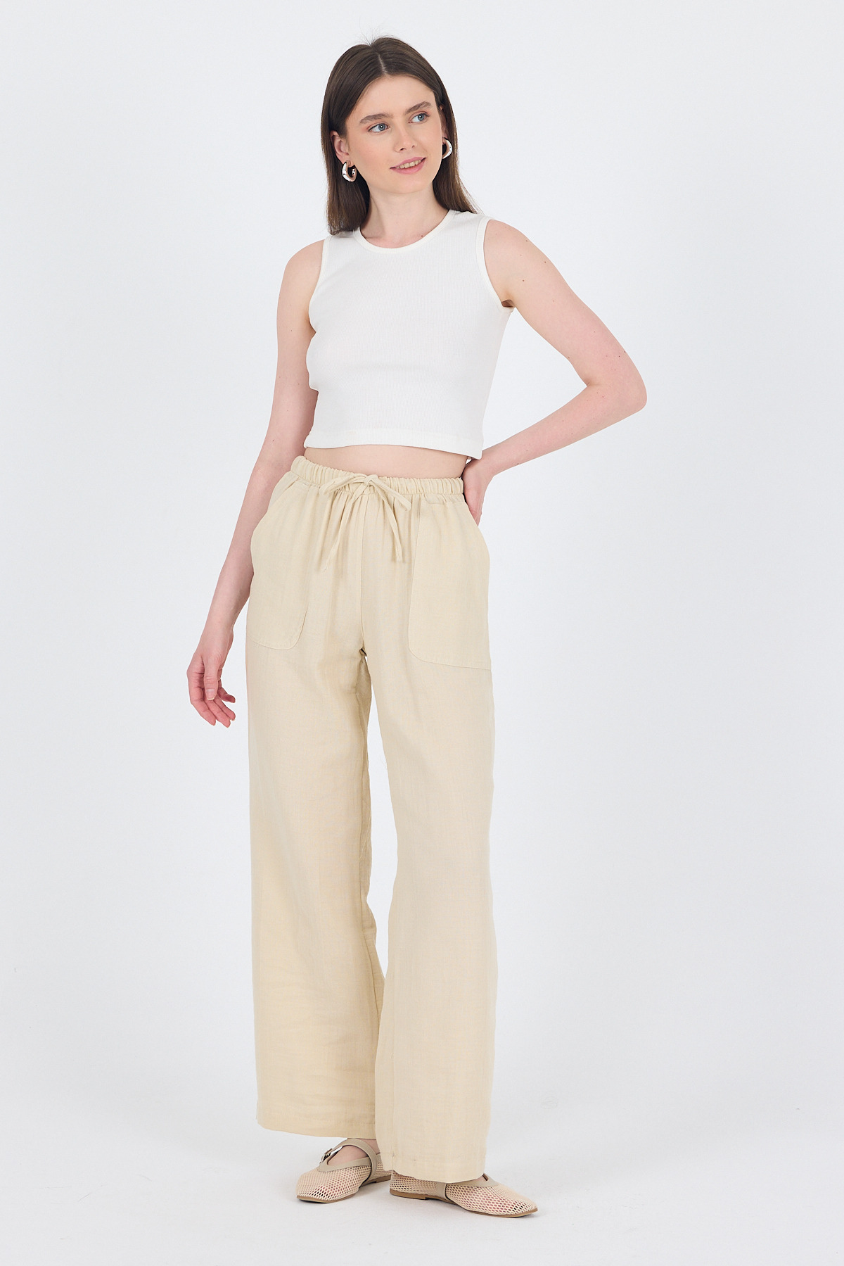 Taş Keten Görünümlü %100 Pamuk Cepli Bol Paça Pantolon 8054A - 2