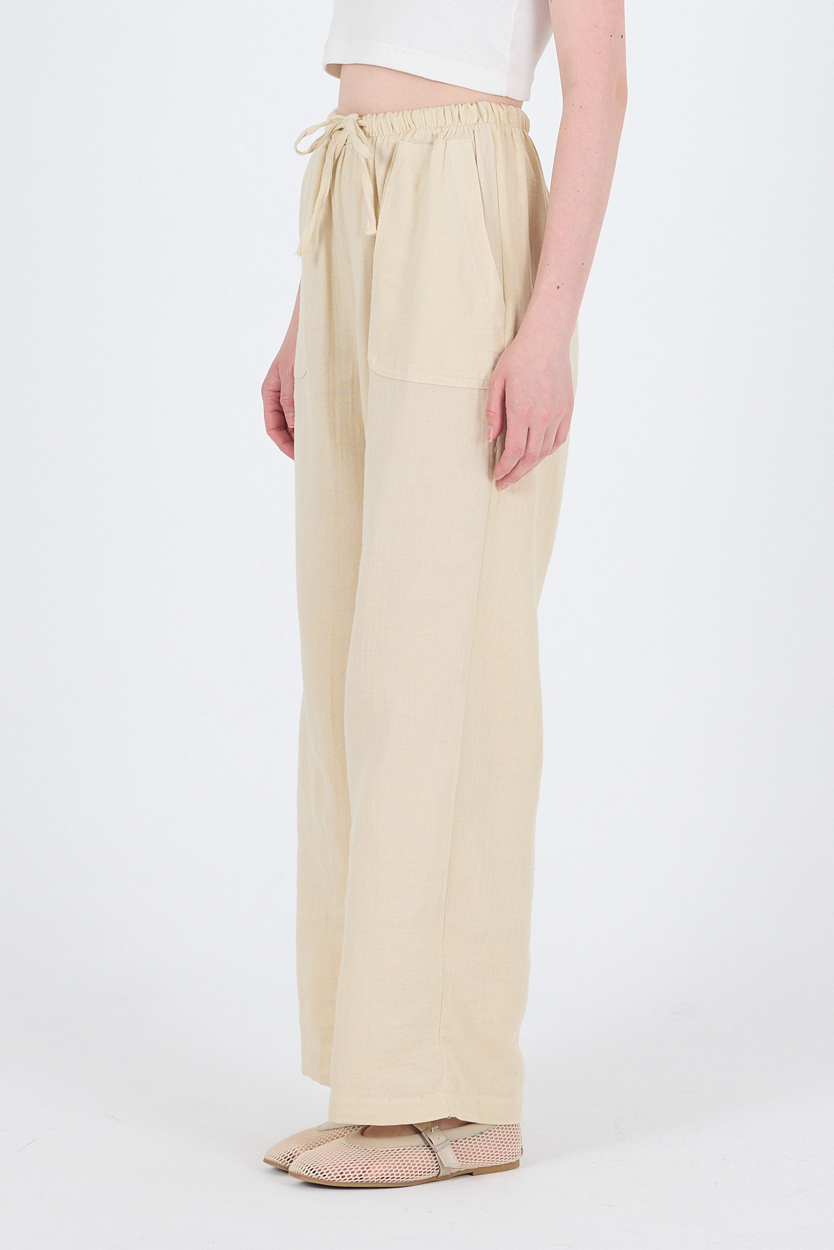 Taş Keten Görünümlü %100 Pamuk Cepli Bol Paça Pantolon 8054A - 5