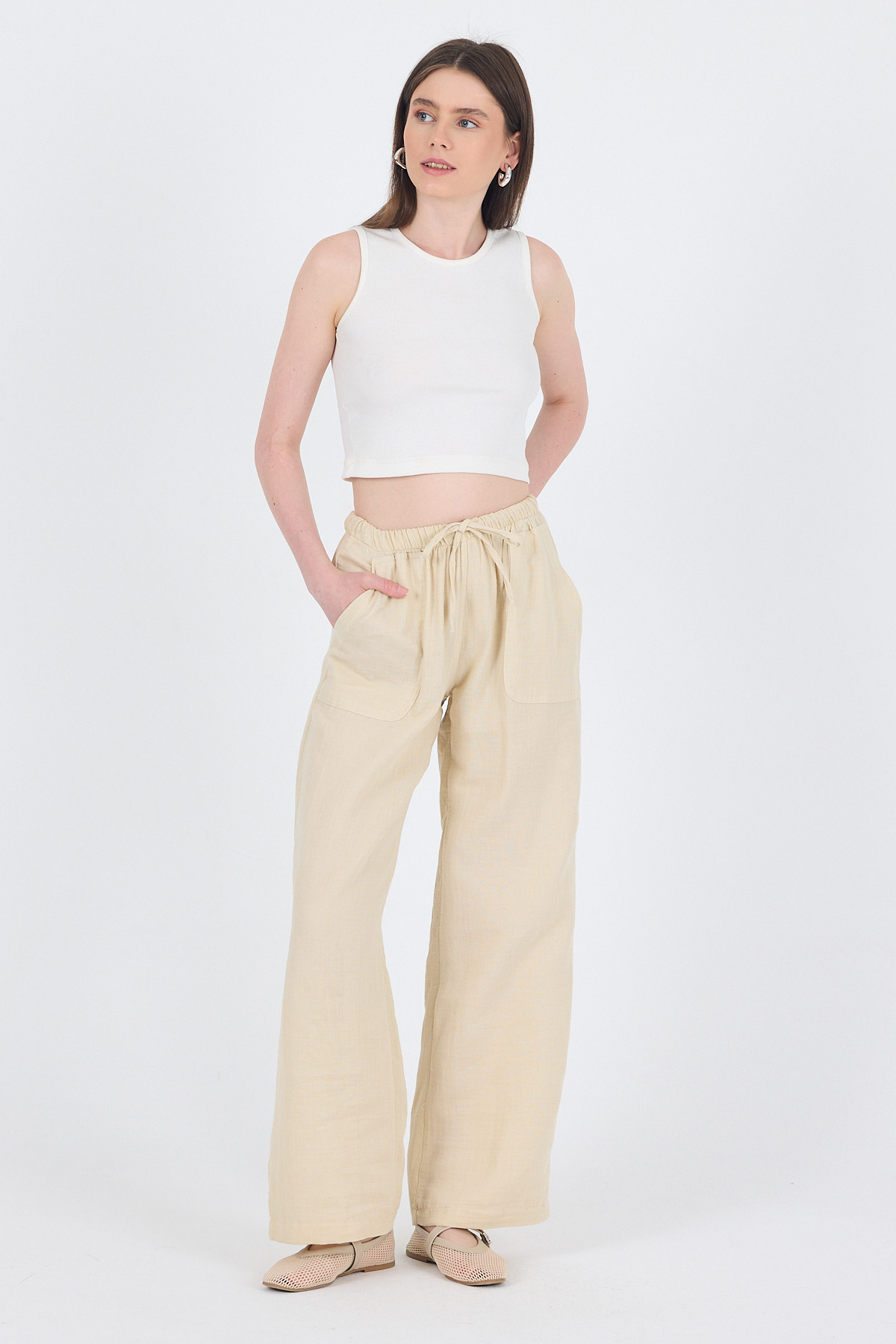 Taş Keten Görünümlü %100 Pamuk Cepli Bol Paça Pantolon 8054A - 7