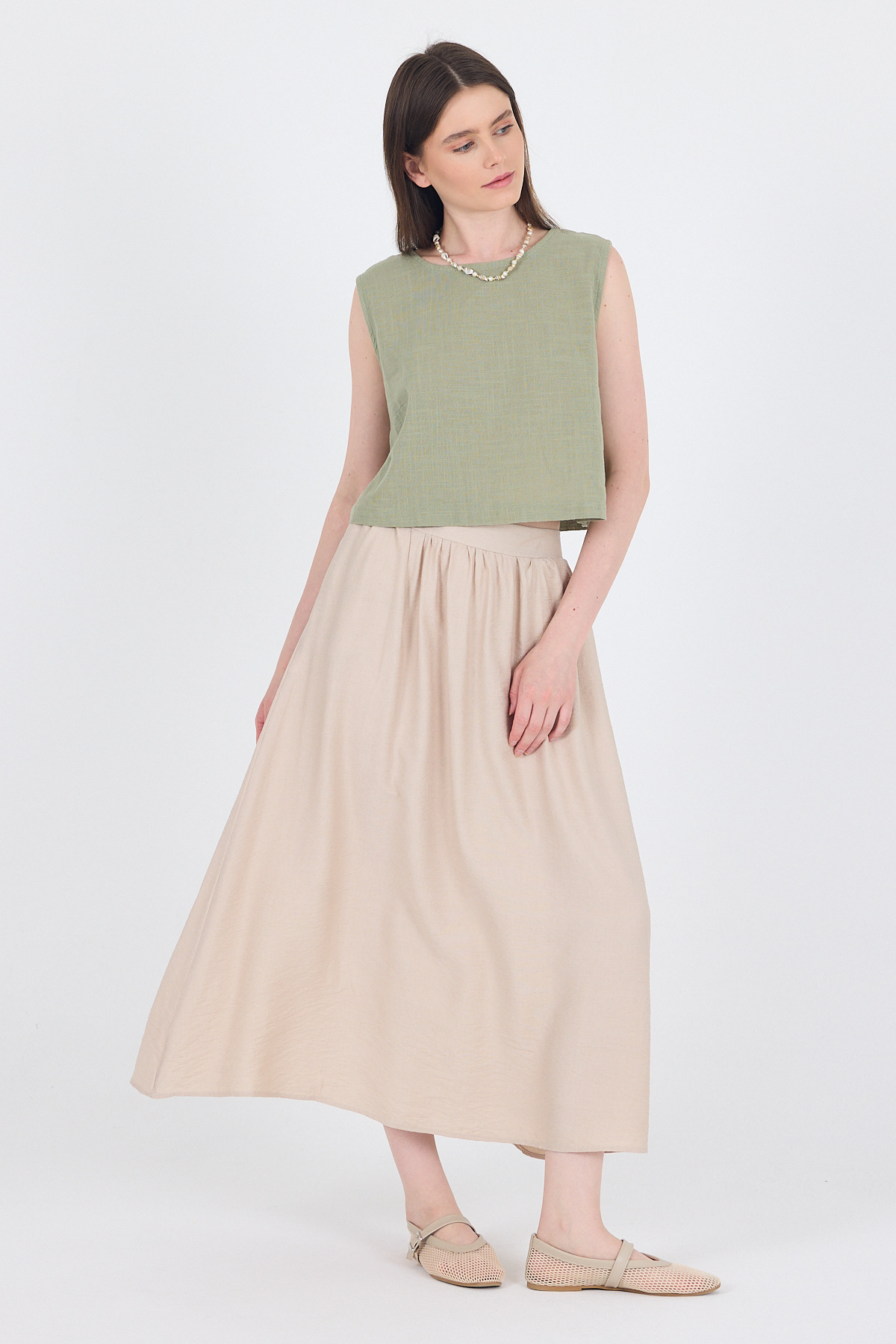 Taş Keten Görünümlü Cep Detaylı Midi Etek 2344 - RAYS