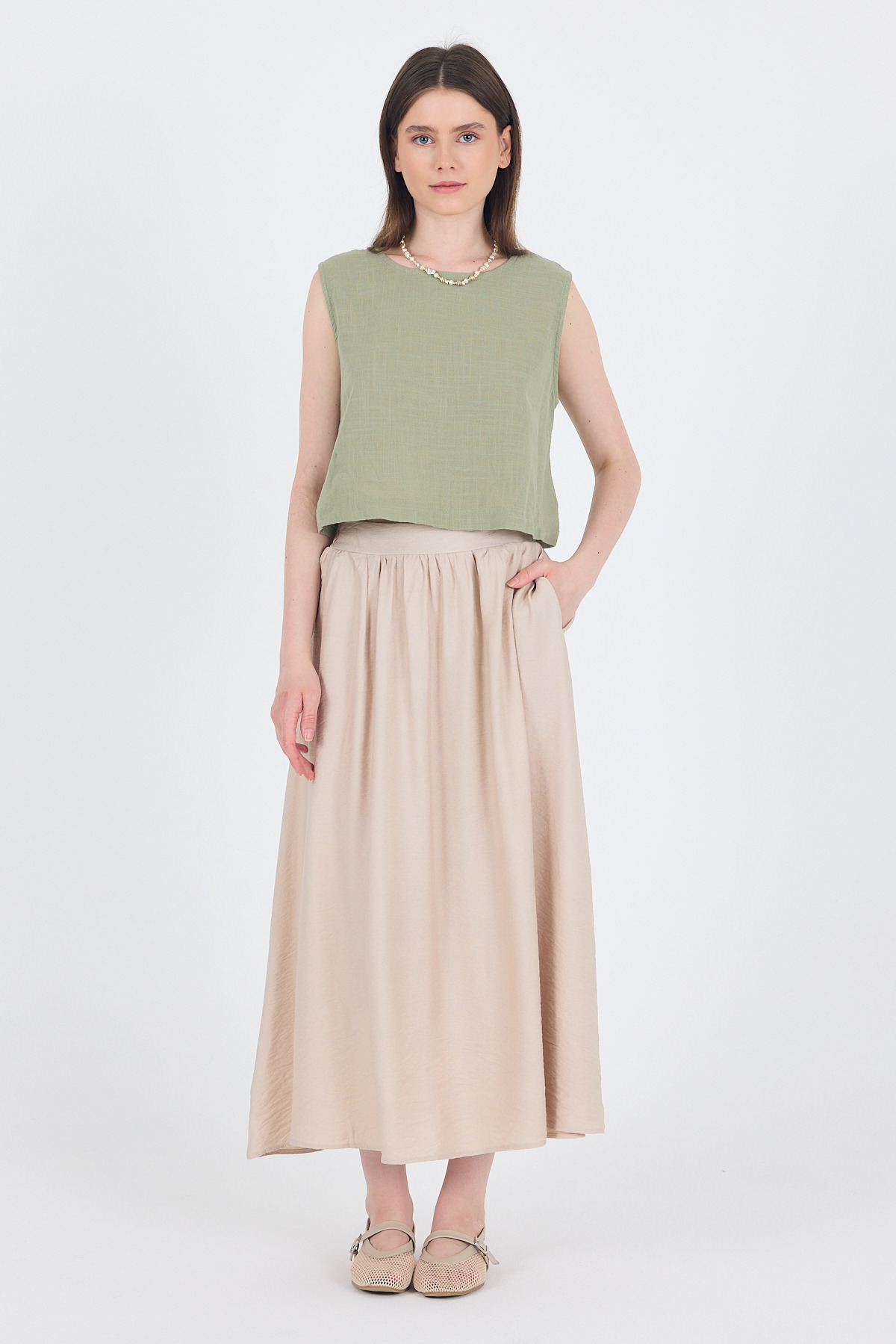 Taş Keten Görünümlü Cep Detaylı Midi Etek 2344 - RAYS