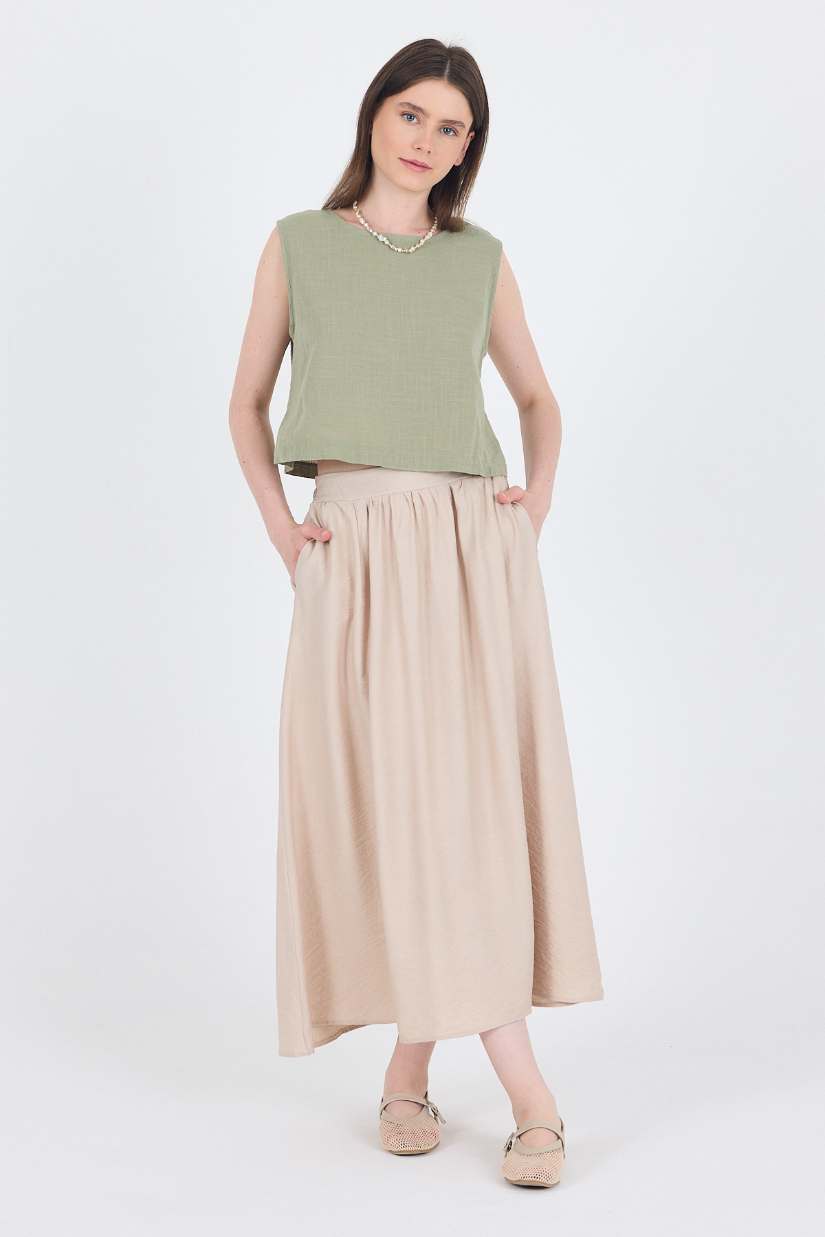 Taş Keten Görünümlü Cep Detaylı Midi Etek 2344 - 1