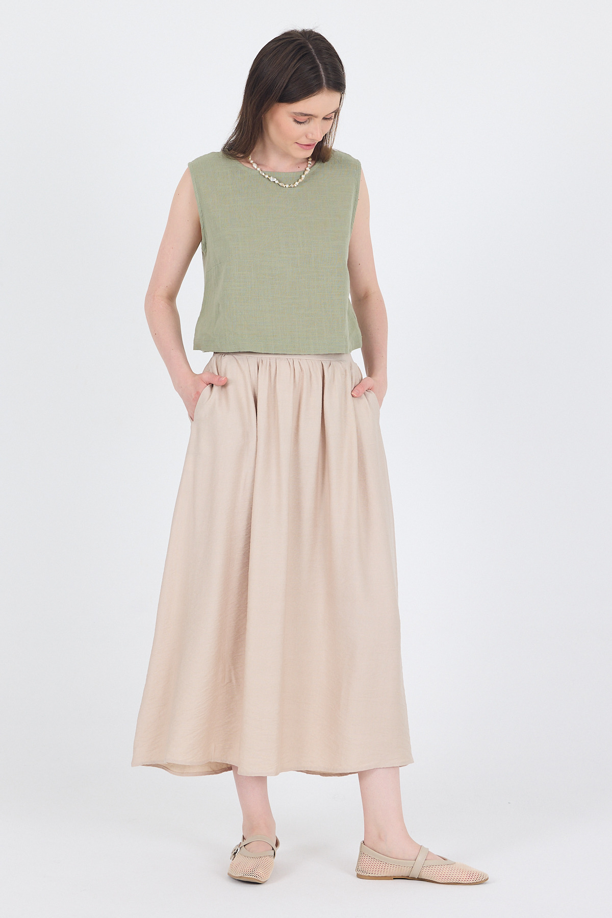 Taş Keten Görünümlü Cep Detaylı Midi Etek 2344 - 7