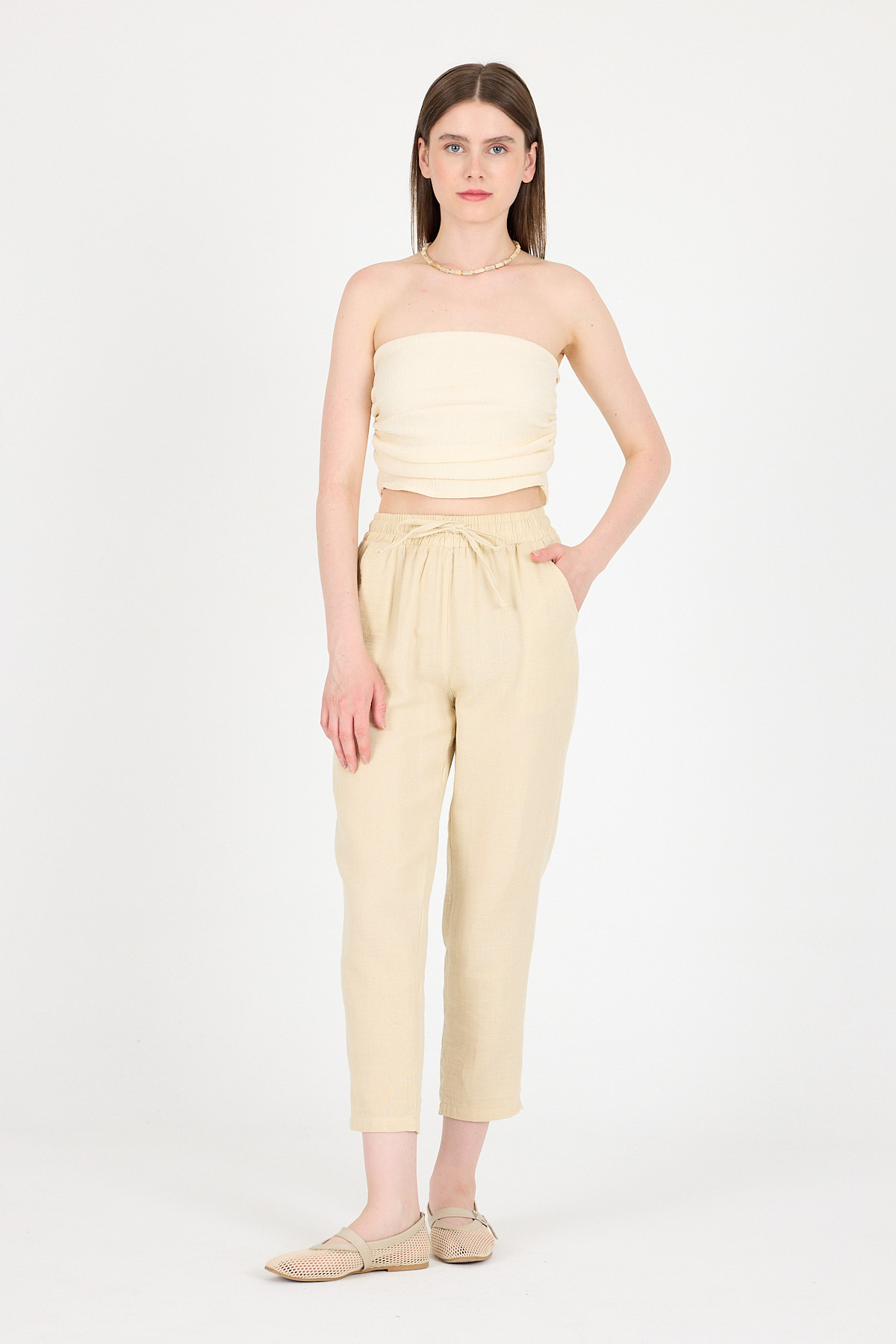 Taş Müslin %100 Pamuk Beli Lastikli Pantolon 8055A 