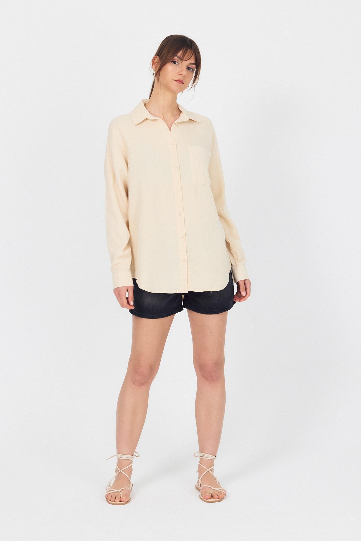 Taş Tek Cepli %100 Pamuk Oversize Müslin Gömlek 4697A - RAYS