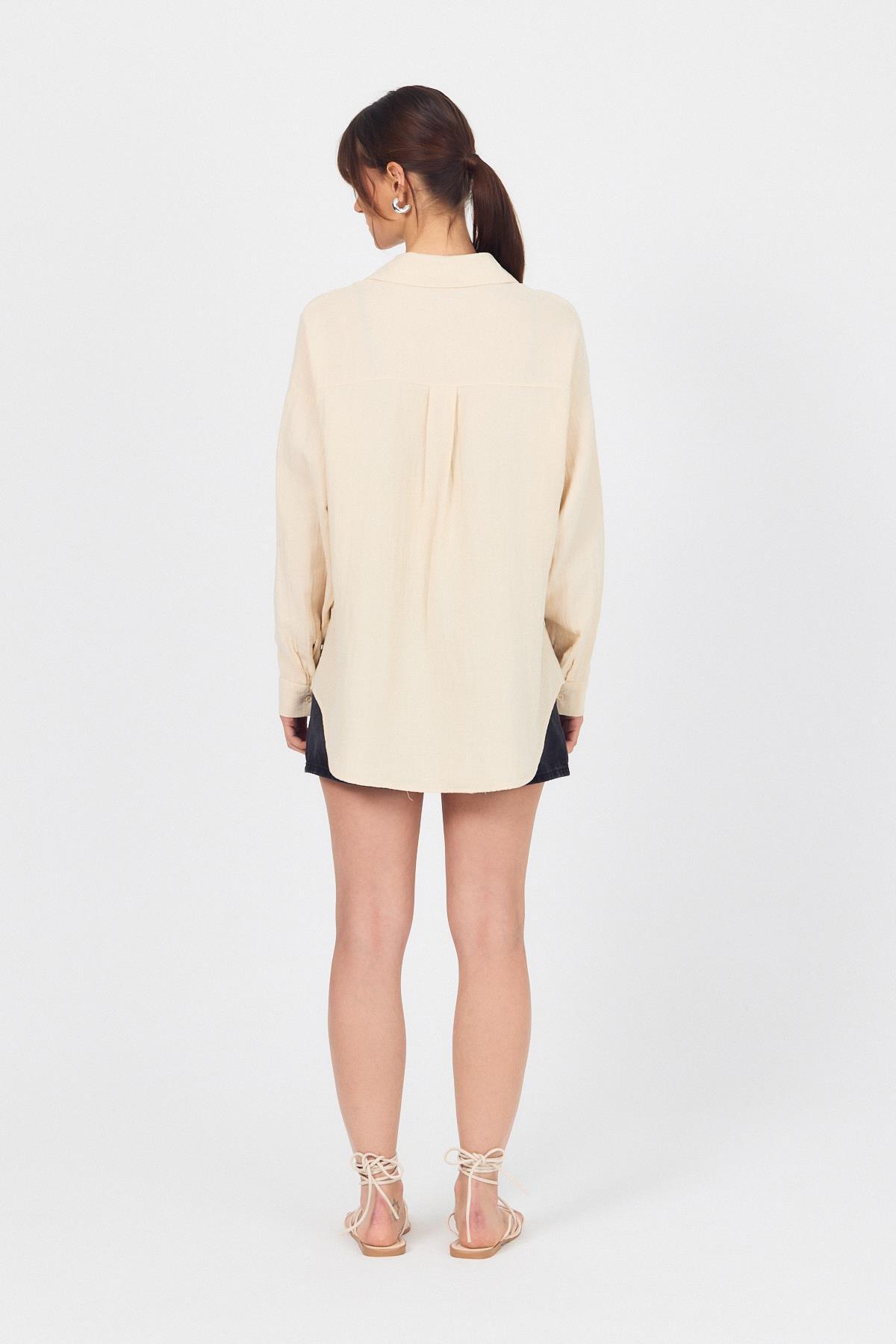 Taş Tek Cepli %100 Pamuk Oversize Müslin Gömlek 4697A - 5