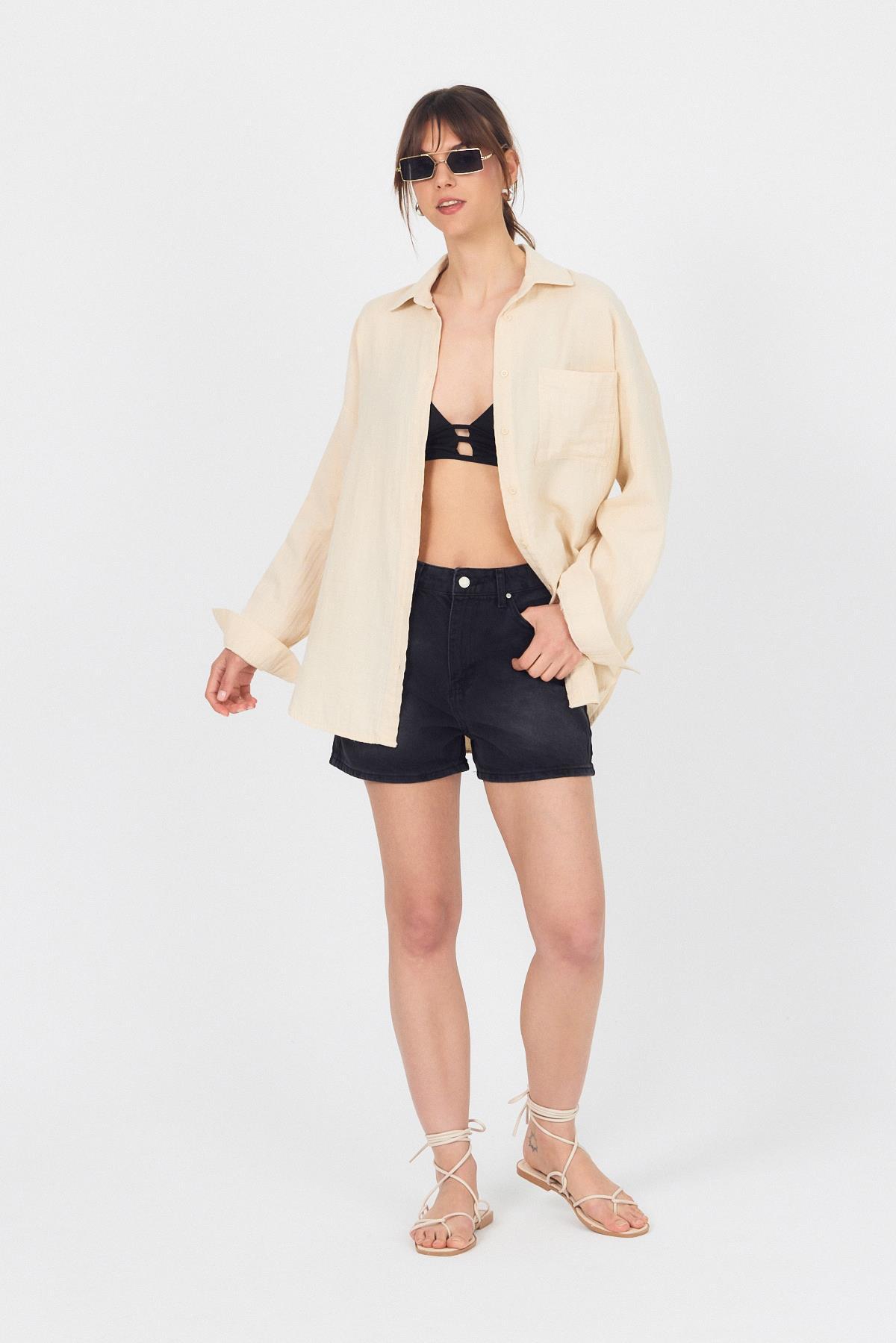 Taş Tek Cepli %100 Pamuk Oversize Müslin Gömlek 4697A - 6