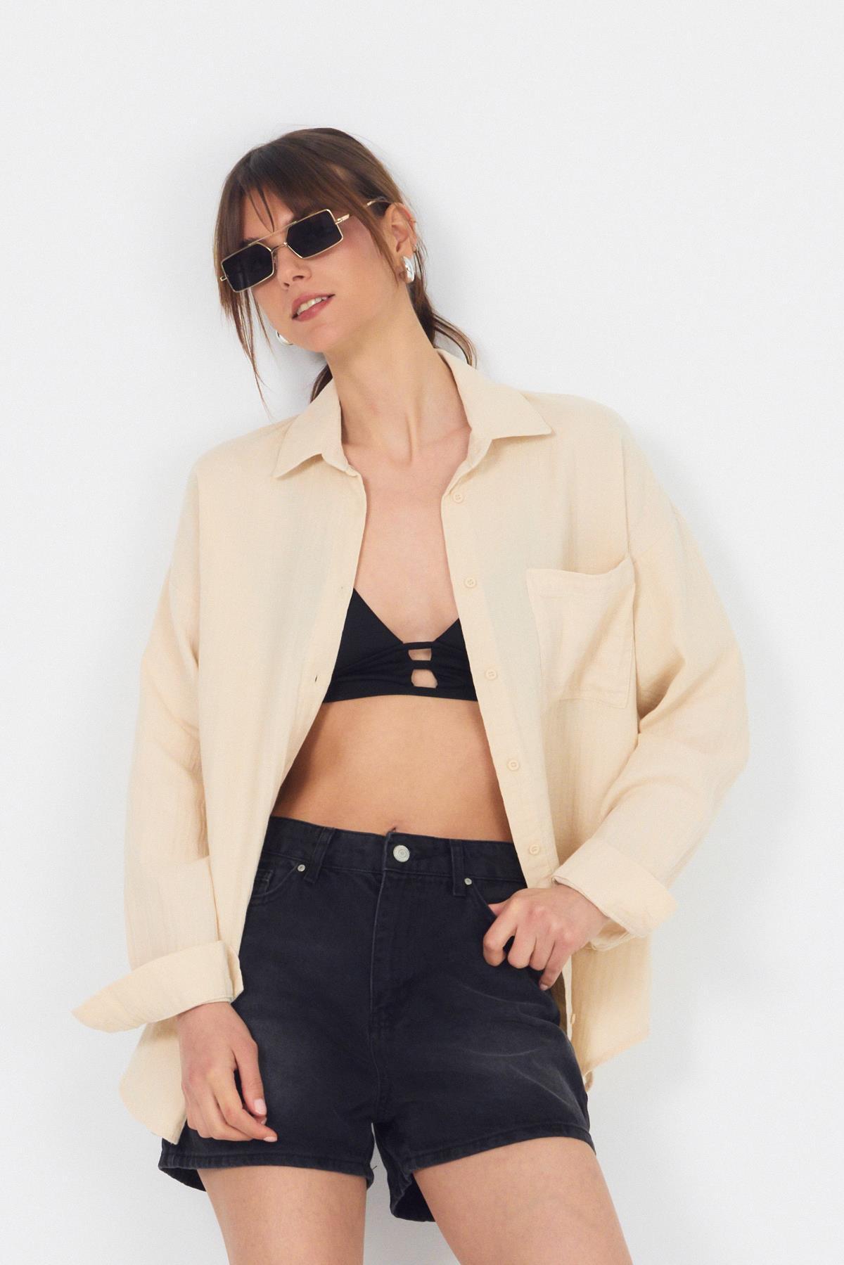 Taş Tek Cepli %100 Pamuk Oversize Müslin Gömlek 4697A 