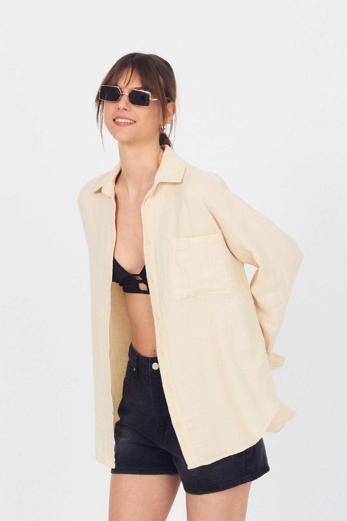 Taş Tek Cepli %100 Pamuk Oversize Müslin Gömlek 4697A - 4