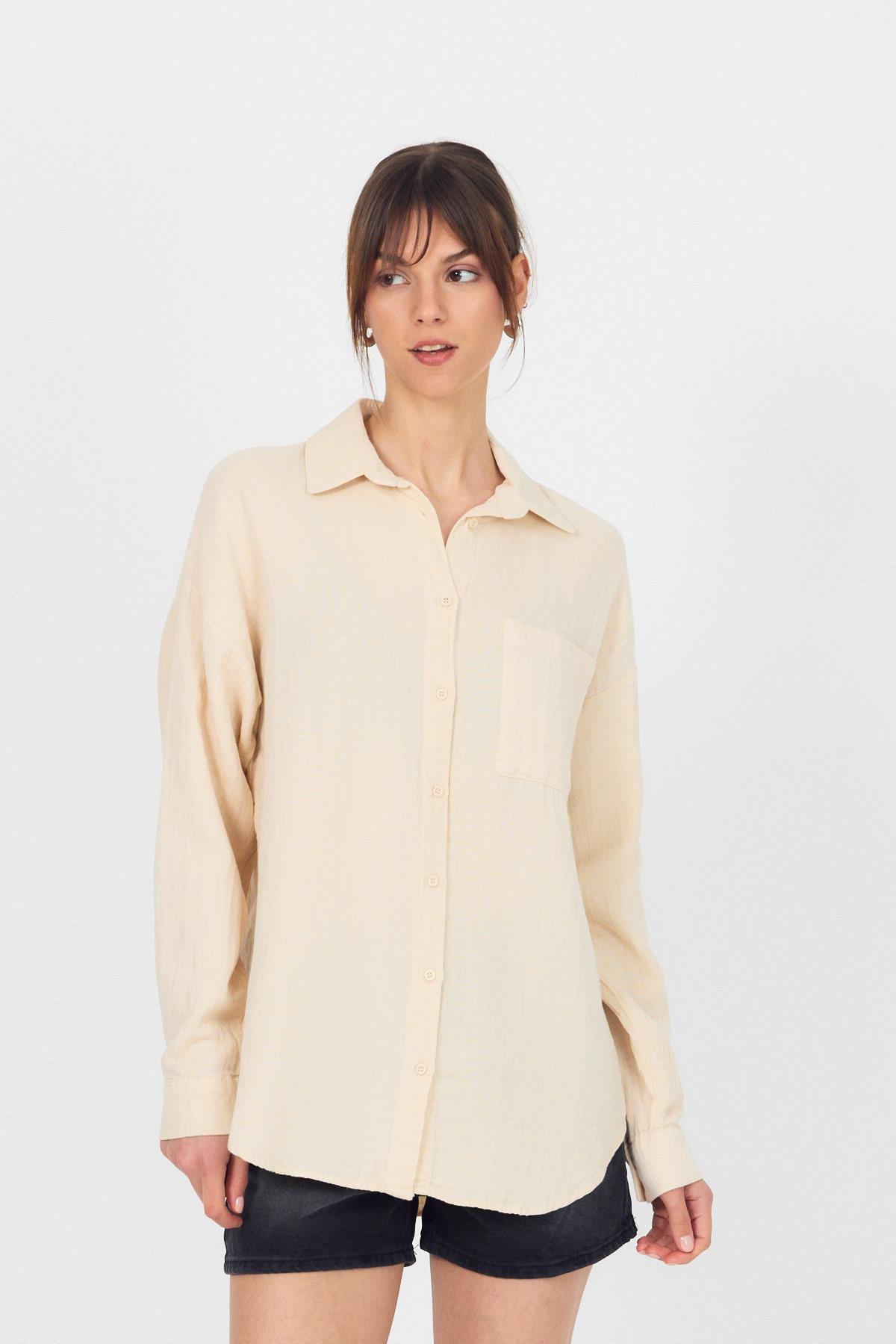 Taş Tek Cepli %100 Pamuk Oversize Müslin Gömlek 4697A - 7