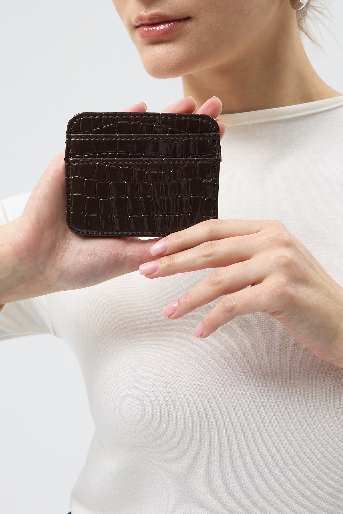 Kahverengi Rays Baskılı Krokodil Desenli Kartlık Kadın Cüzdan TCR-028 - 1