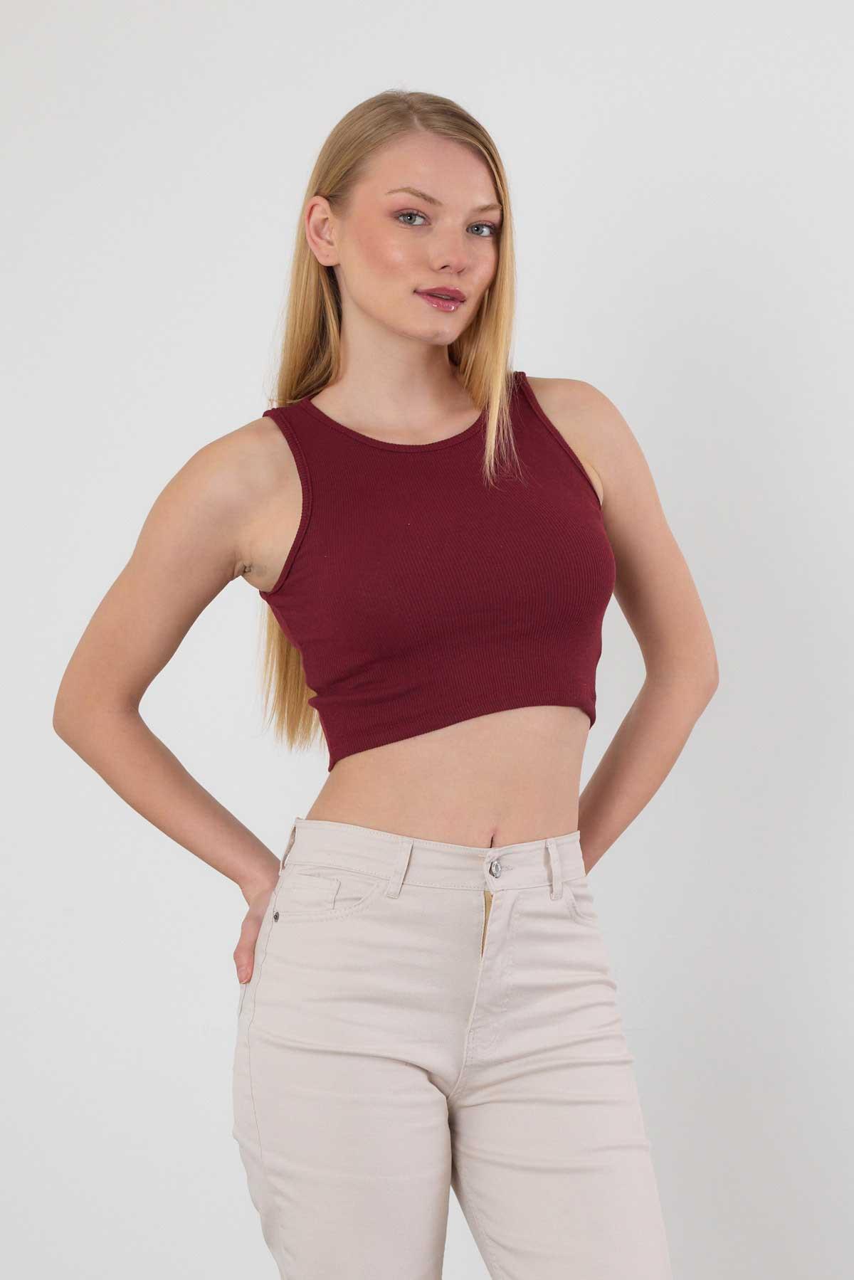 Bordo Fitilli Crop Kadın Atlet 1312 - 7