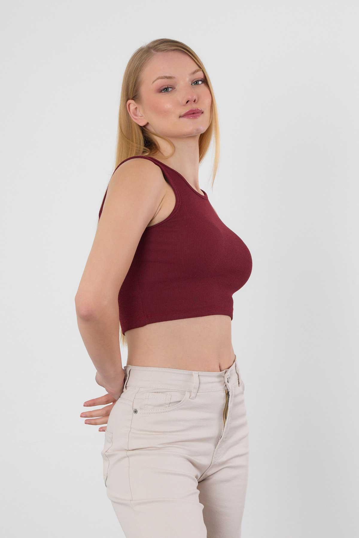 Bordo Fitilli Crop Kadın Atlet 1312 - 3