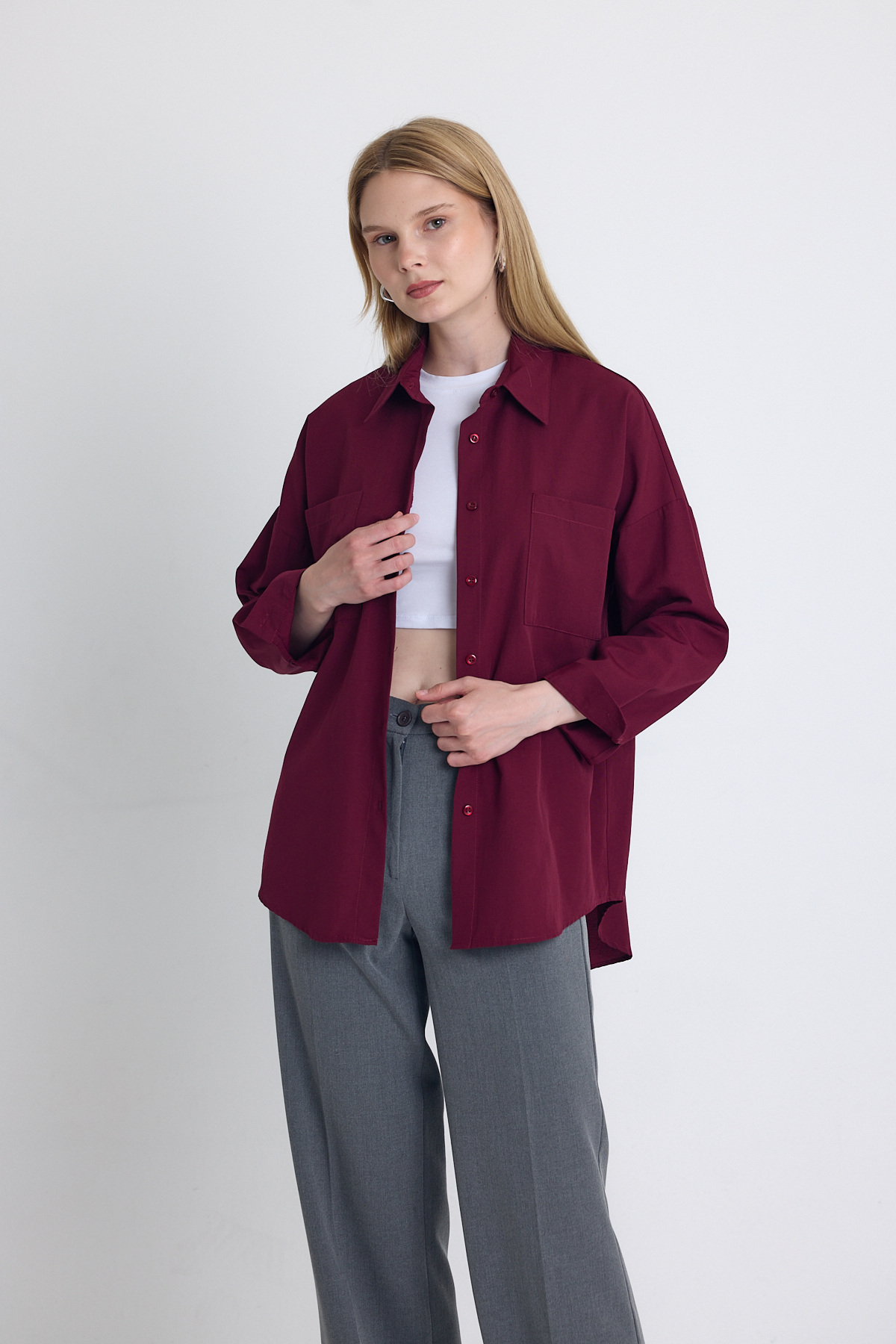 Bordo Çift Cepli Oversize Uzun Basic Gömlek TCR 6256A 