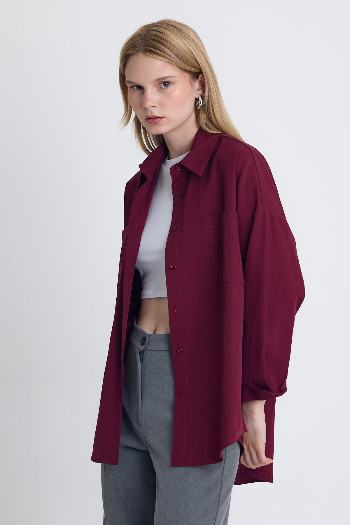 Bordo Çift Cepli Oversize Uzun Basic Gömlek TCR 6256A - 3