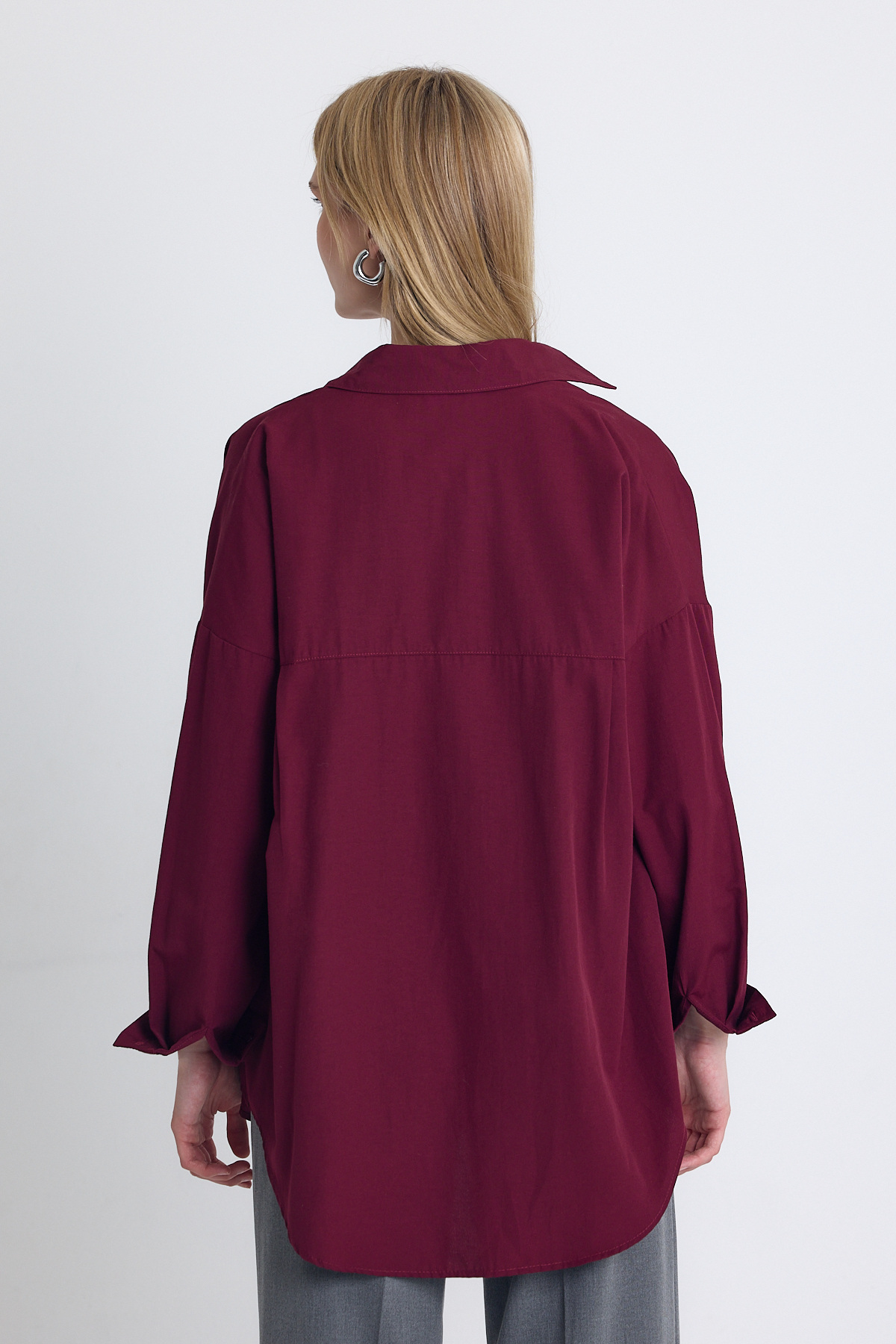 Bordo Çift Cepli Oversize Uzun Basic Gömlek TCR 6256A - 5