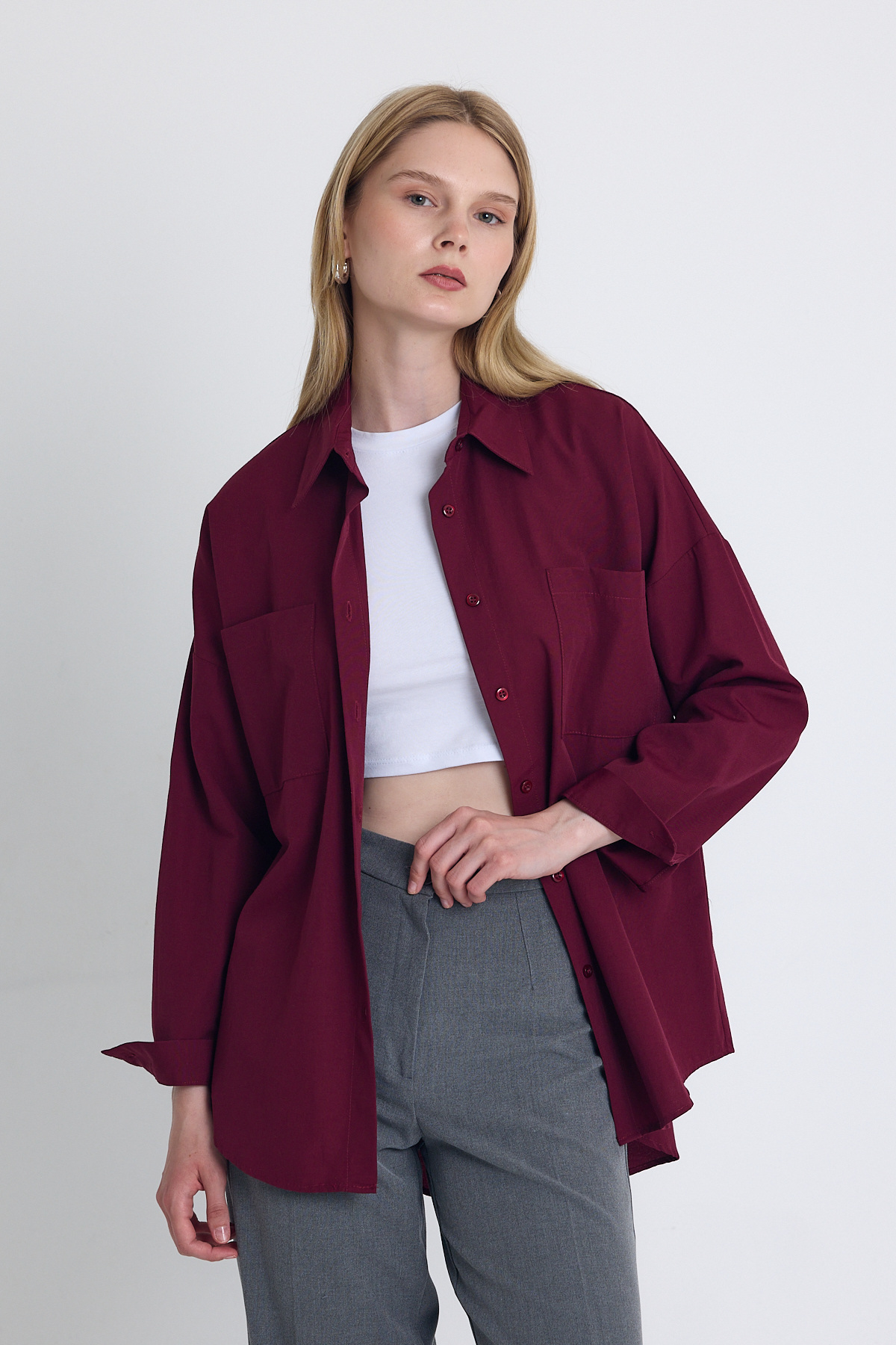 Bordo Çift Cepli Oversize Uzun Basic Gömlek TCR 6256A - 7