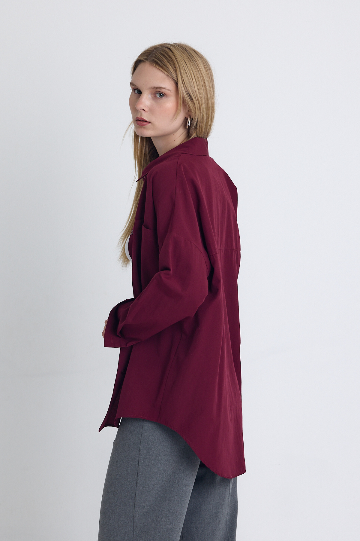 Bordo Çift Cepli Oversize Uzun Basic Gömlek TCR 6256A - 4