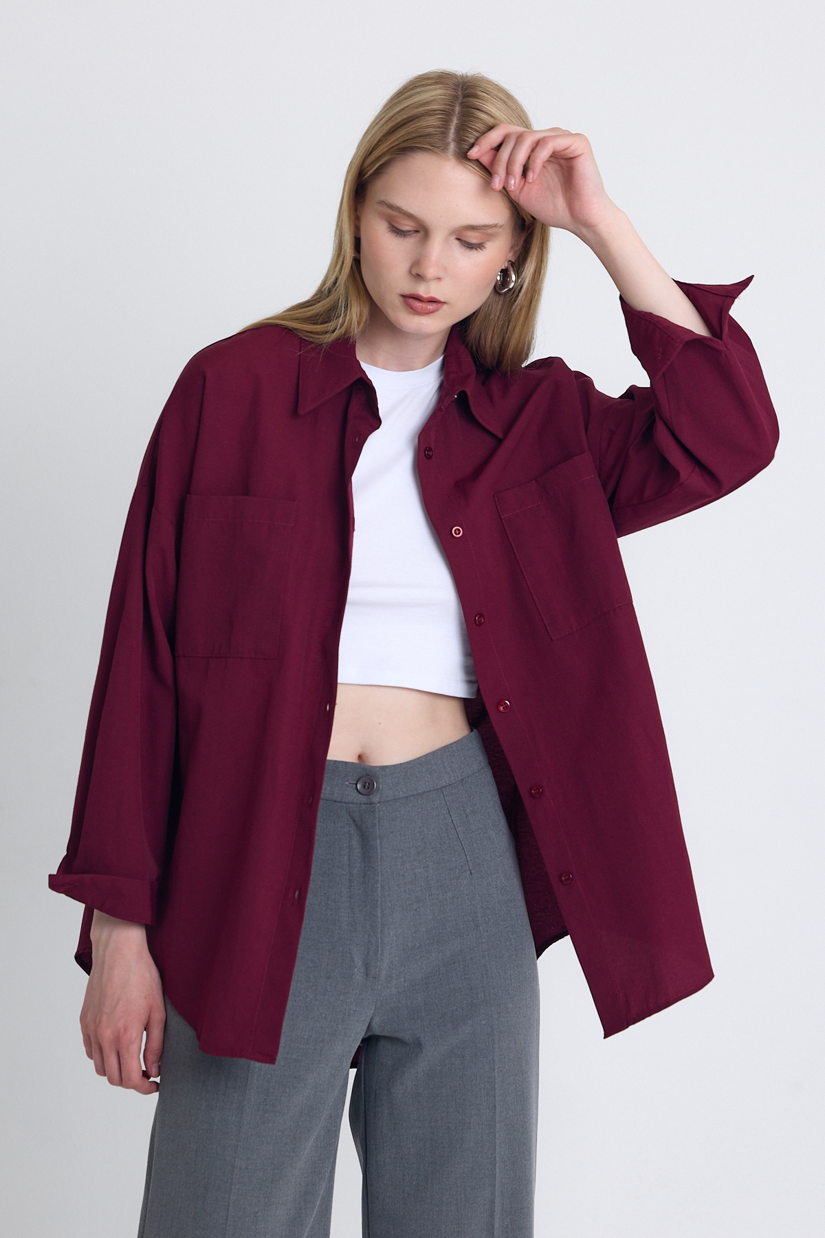 Bordo Çift Cepli Oversize Uzun Basic Gömlek TCR 6256A - 2