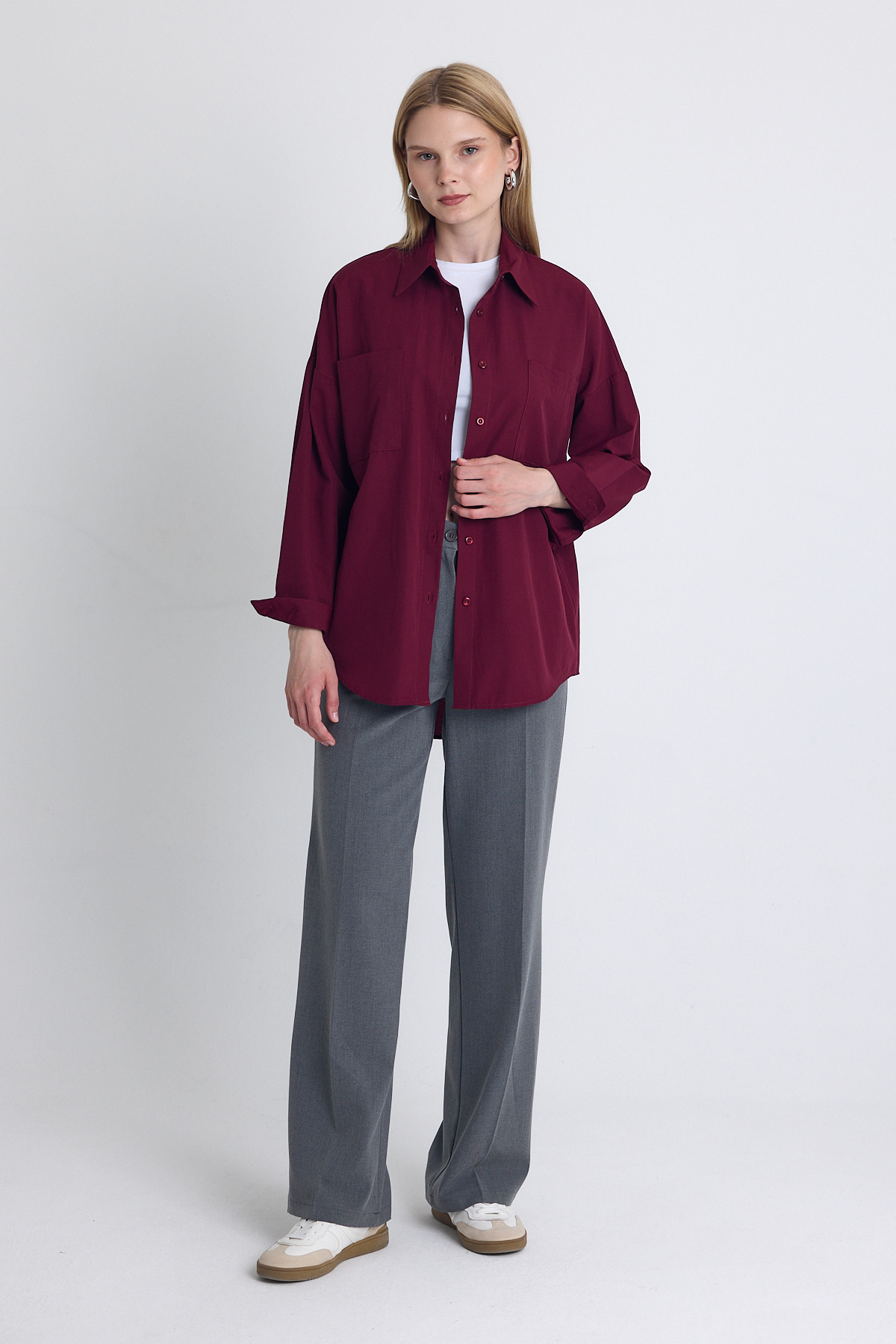 Bordo Çift Cepli Oversize Uzun Basic Gömlek TCR 6256A - 6