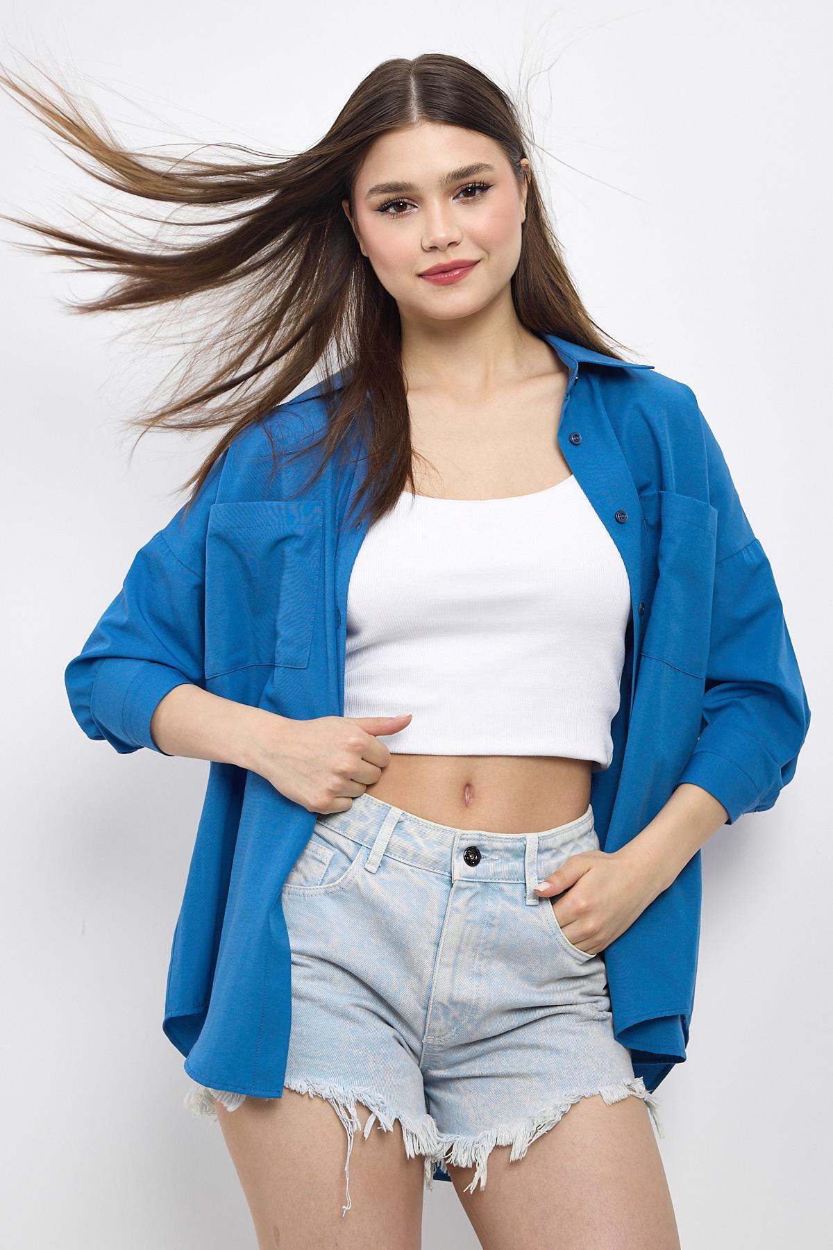 İndigo Çift Cepli Oversize Uzun Basic Gömlek TCR 6256A - 6