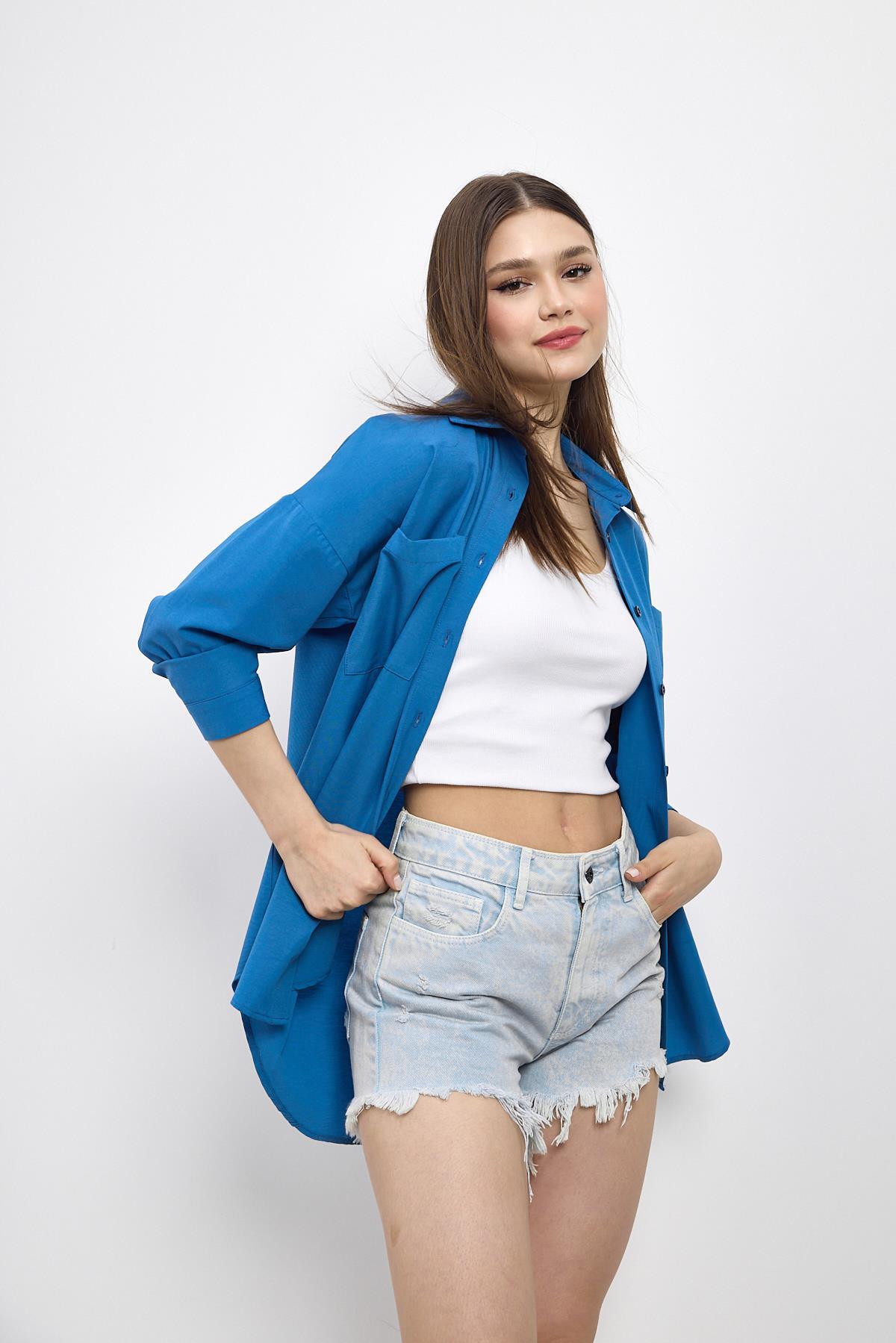 İndigo Çift Cepli Oversize Uzun Basic Gömlek TCR 6256A - 8