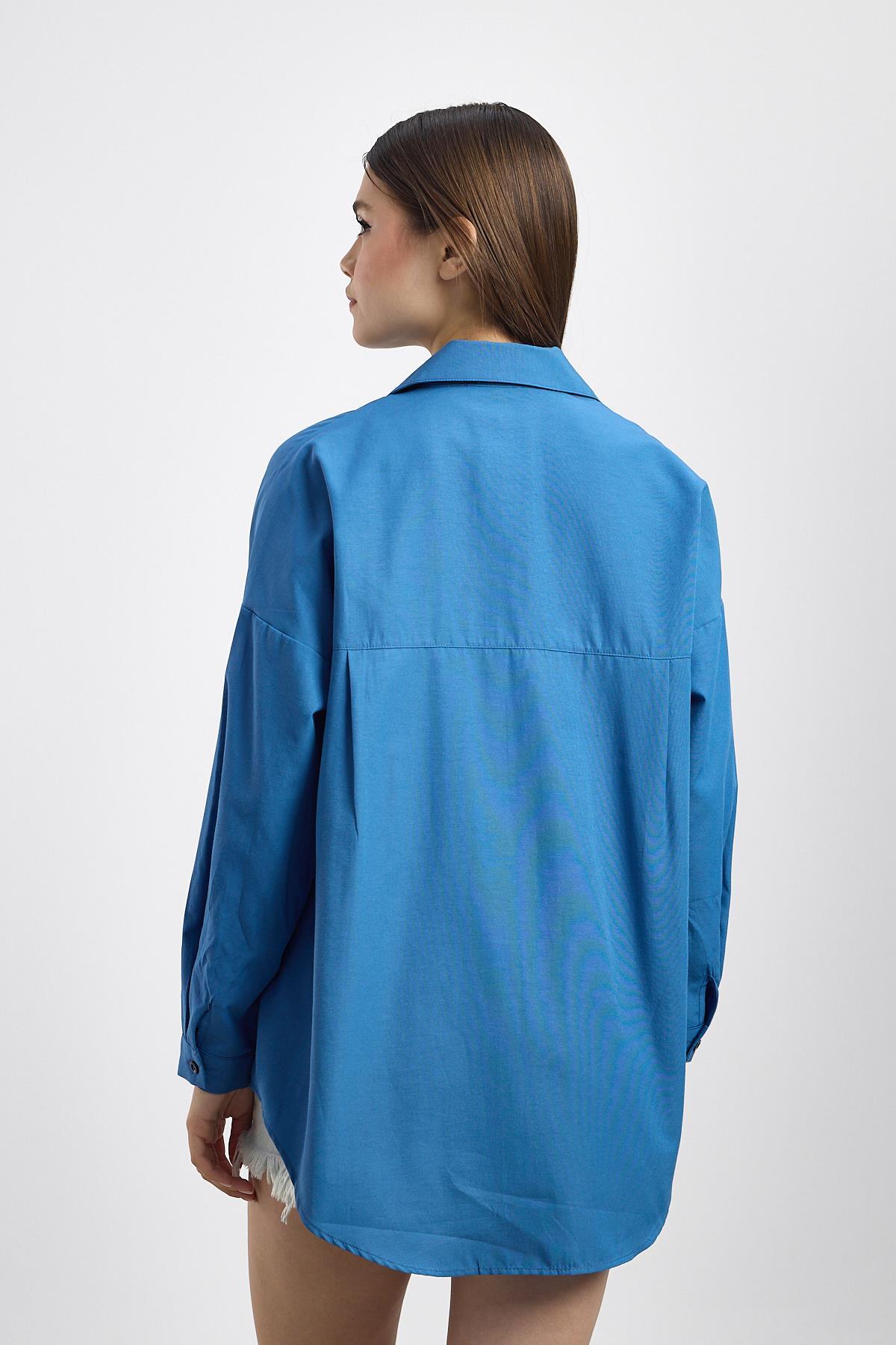 İndigo Çift Cepli Oversize Uzun Basic Gömlek TCR 6256A - 5