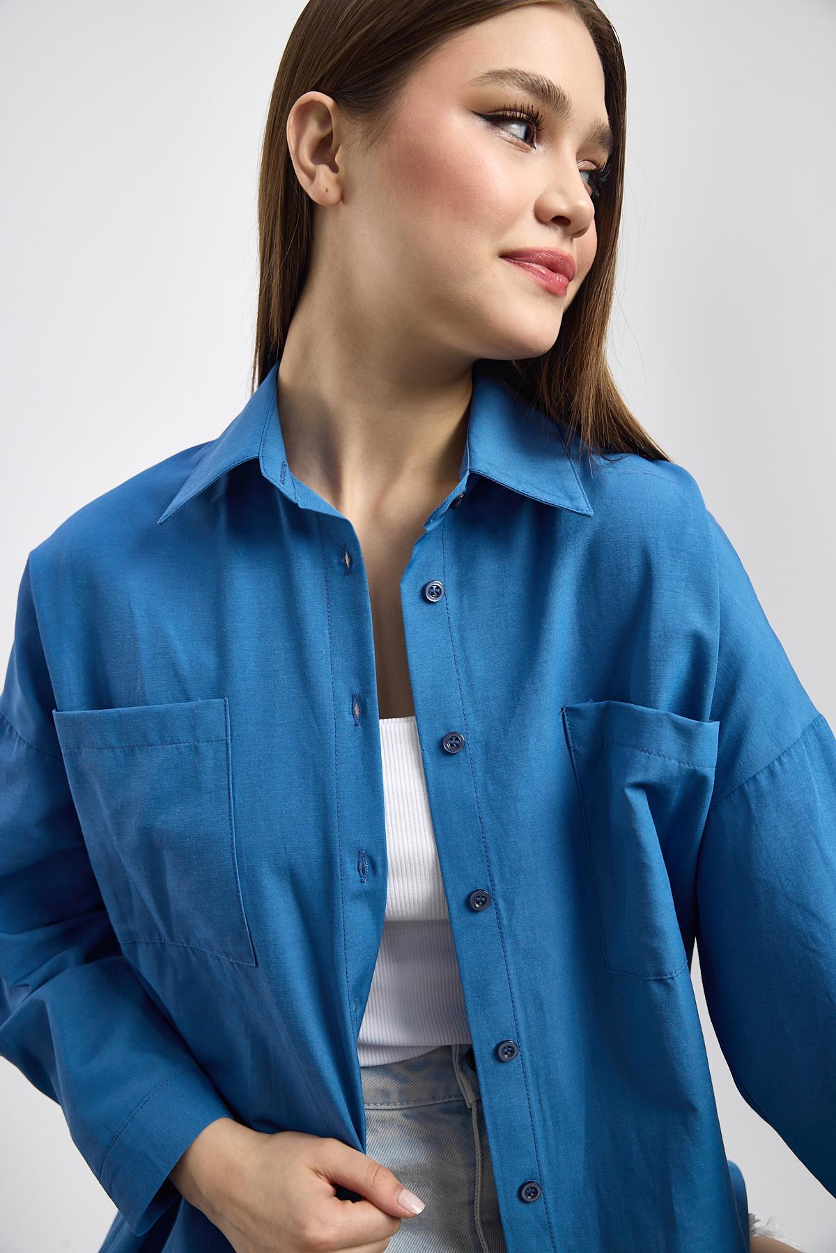 İndigo Çift Cepli Oversize Uzun Basic Gömlek TCR 6256A - 7