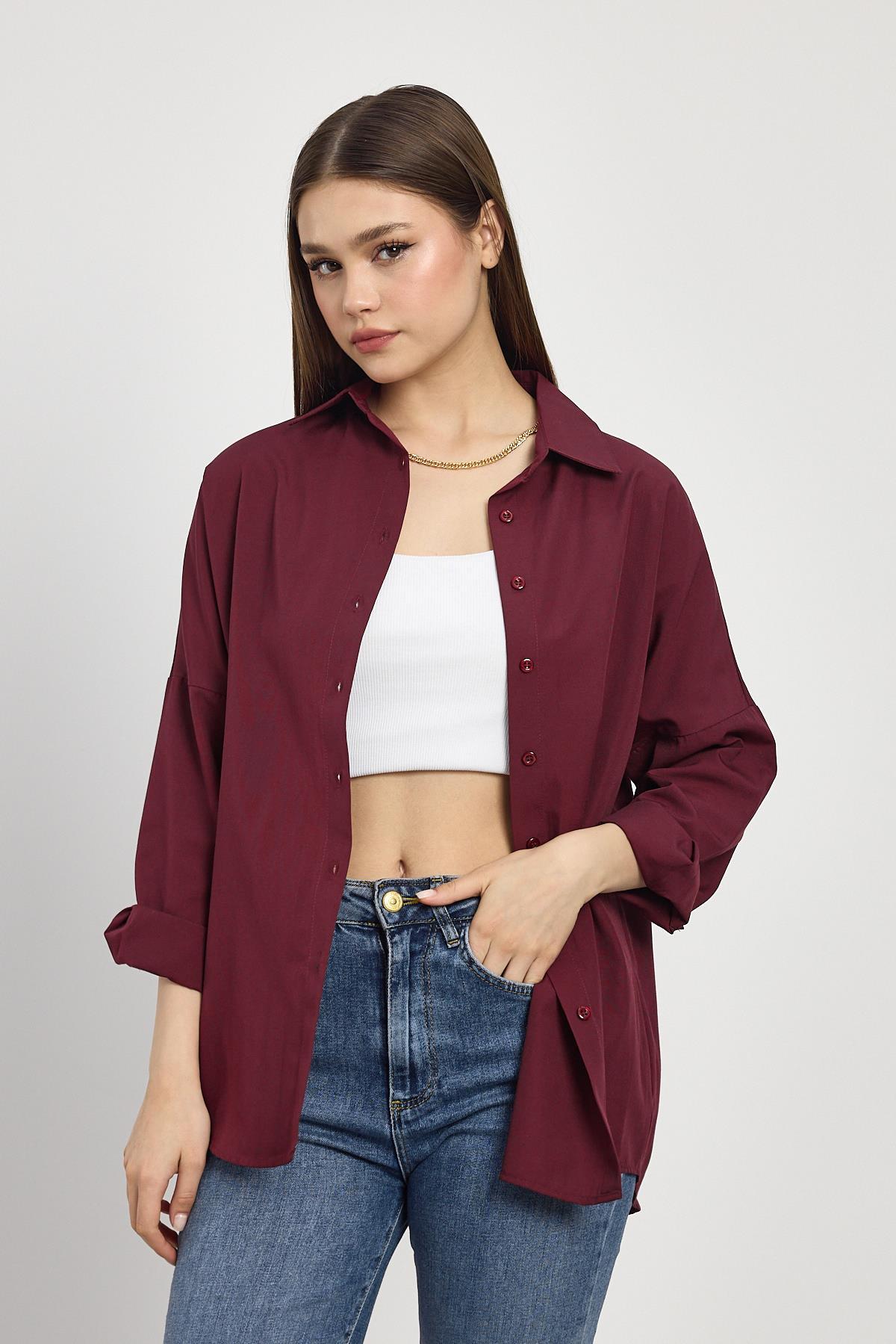 Bordo Relaxed Fit Rahat Kesim Basic Gömlek - 6621A - 2