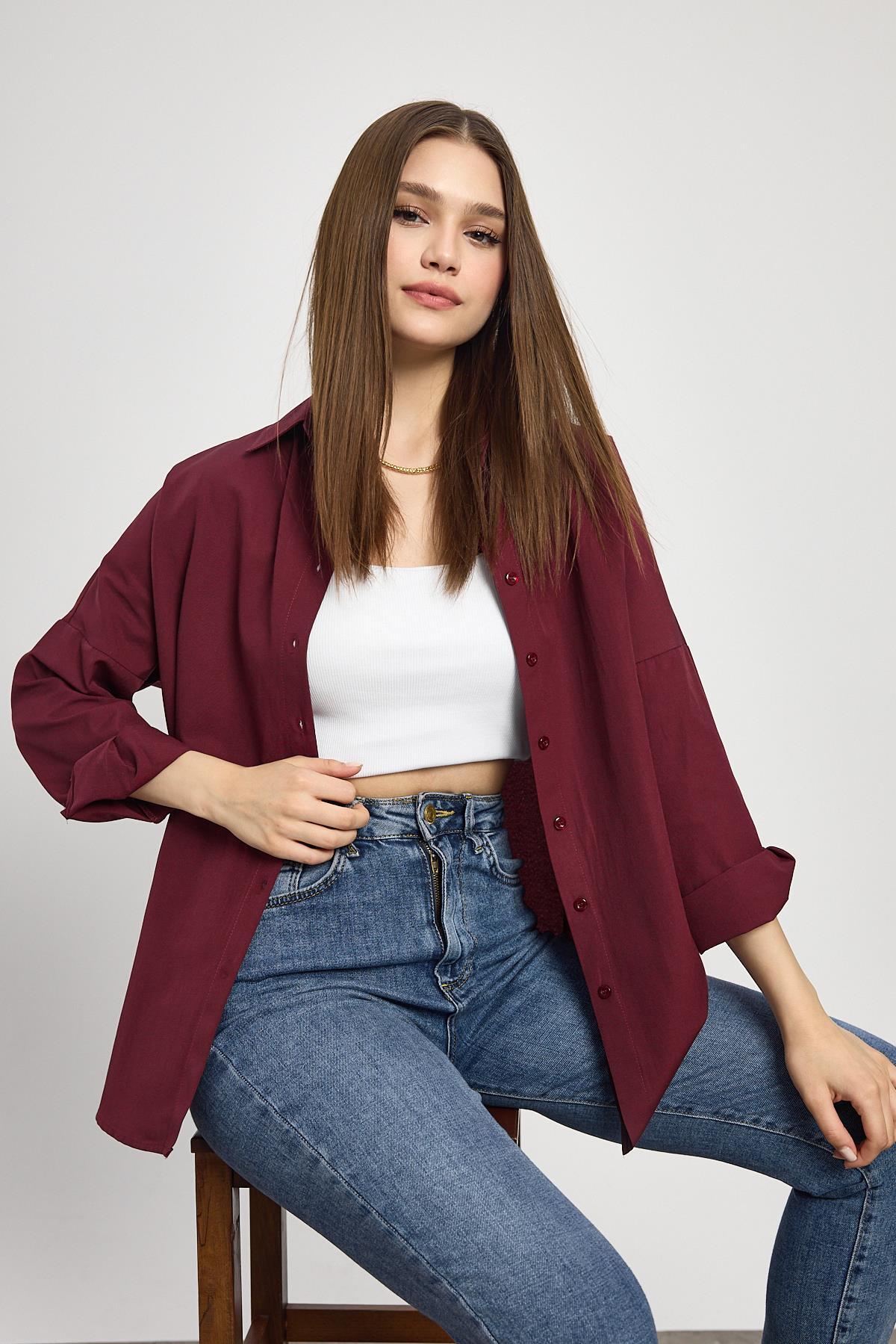 Bordo Relaxed Fit Rahat Kesim Basic Gömlek - 6621A - 1