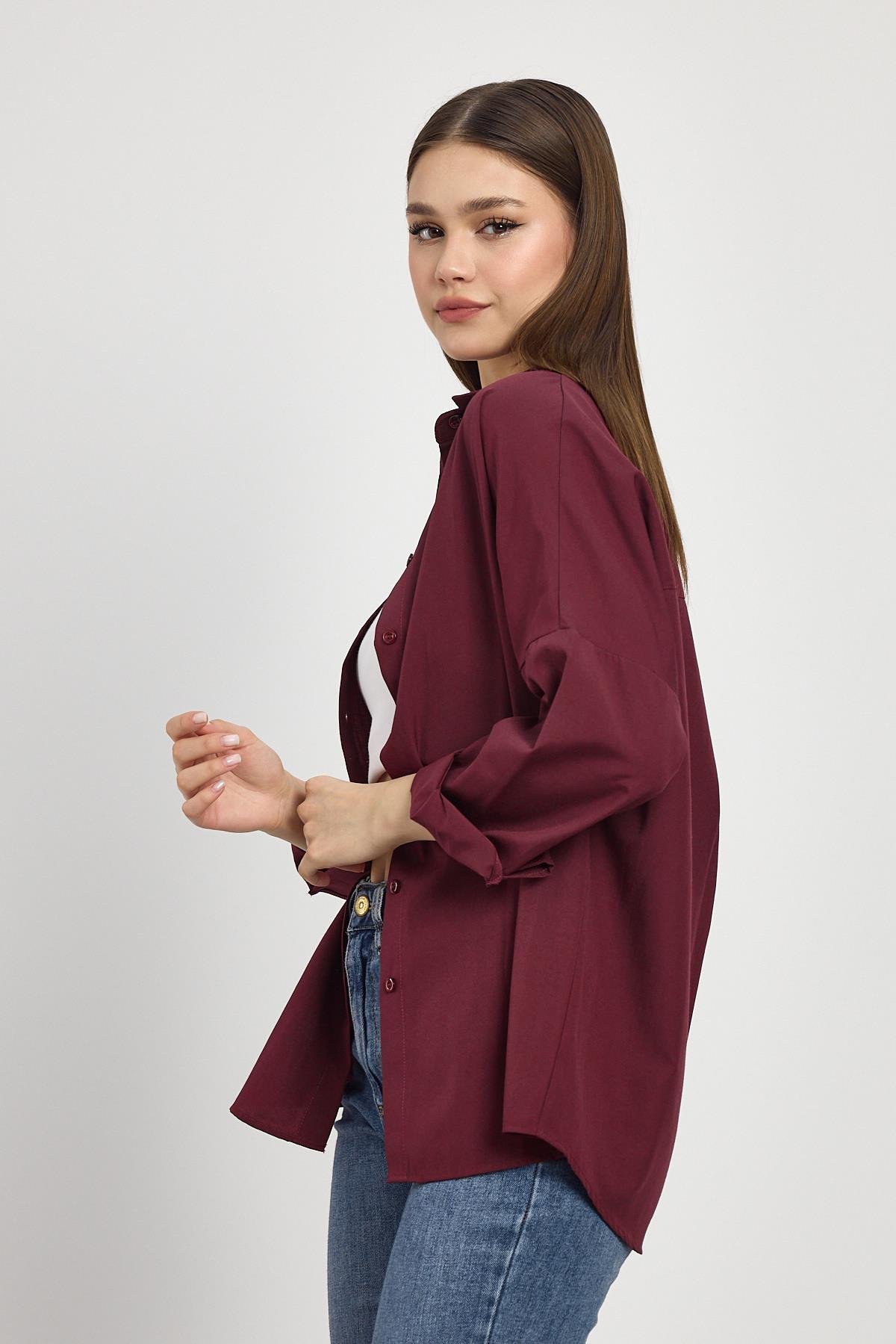 Bordo Relaxed Fit Rahat Kesim Basic Gömlek - 6621A - 3
