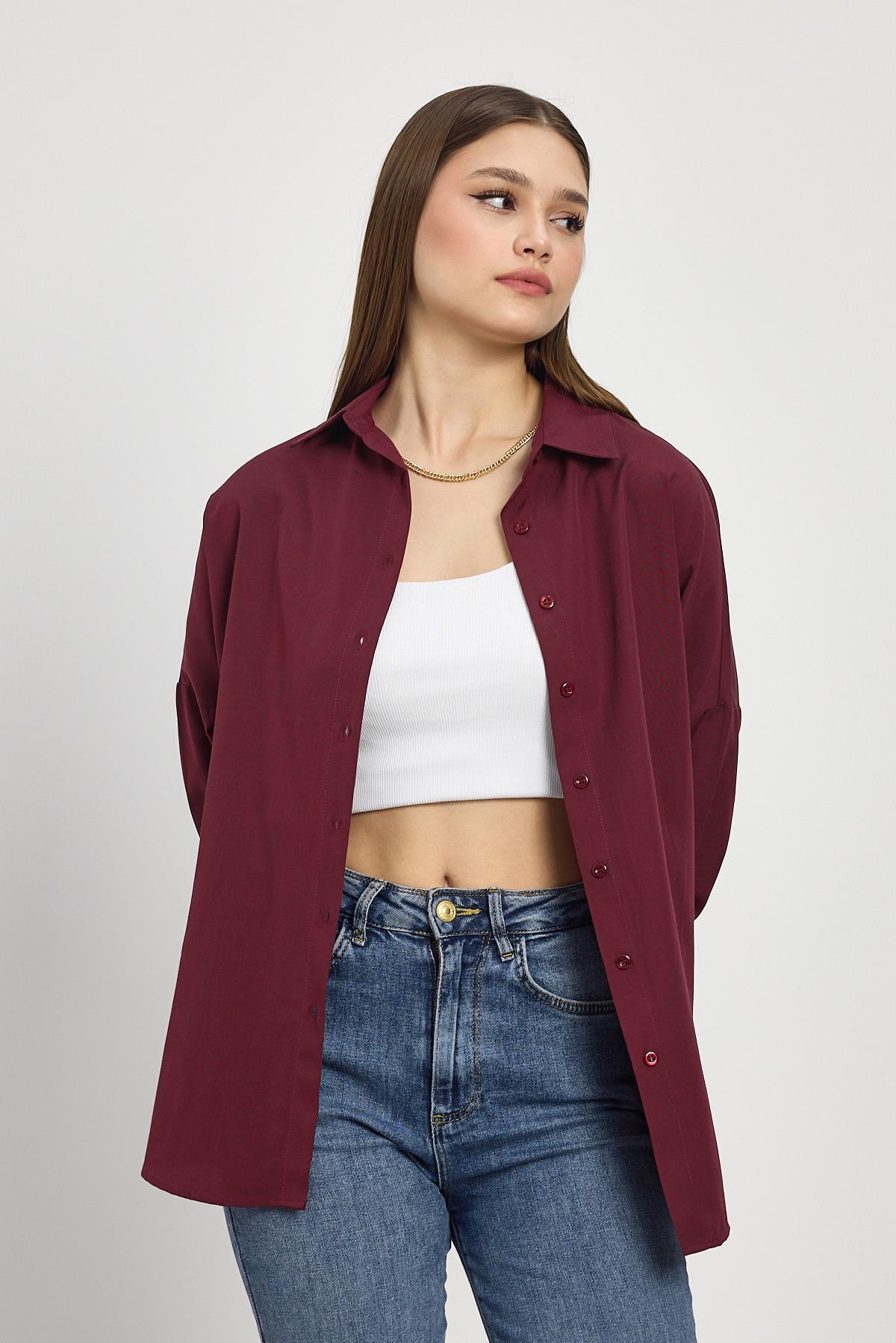 Bordo Relaxed Fit Rahat Kesim Basic Gömlek - 6621A - 4