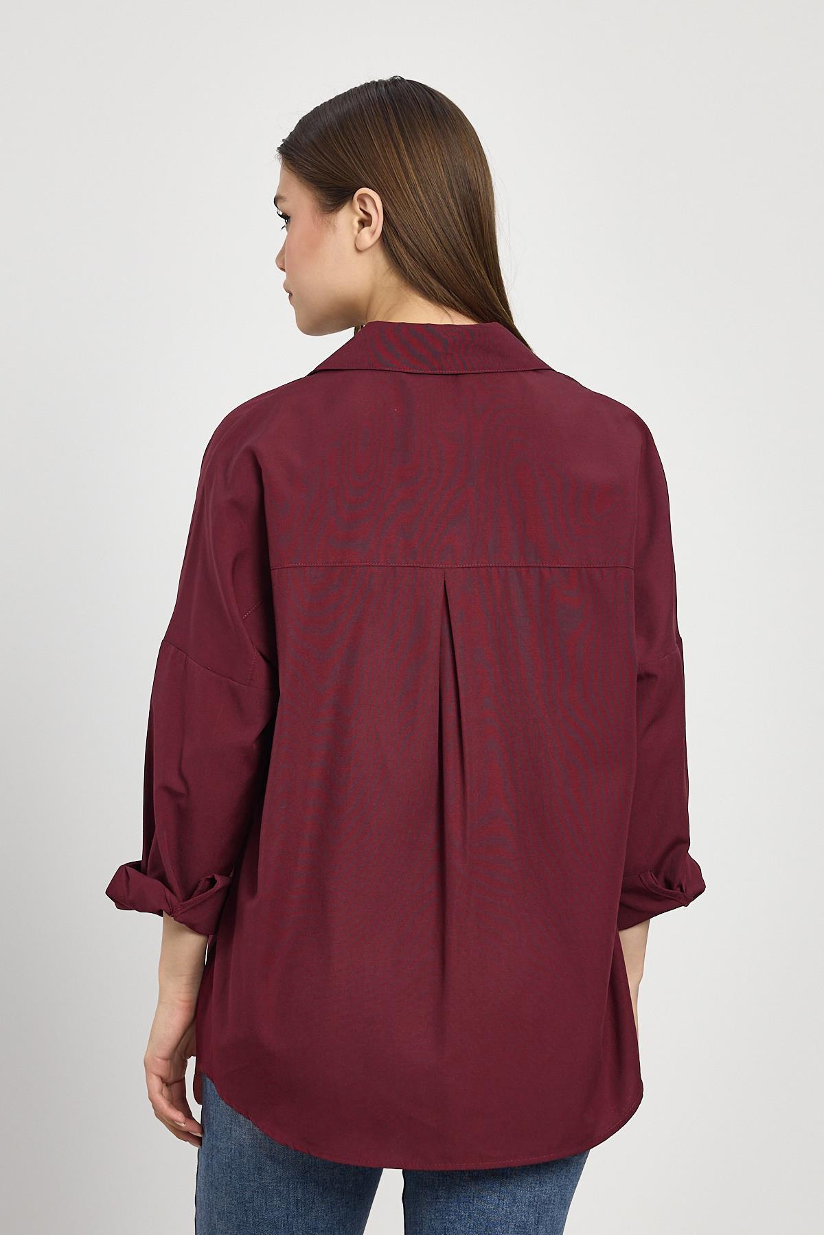 Bordo Relaxed Fit Rahat Kesim Basic Gömlek - 6621A - 5