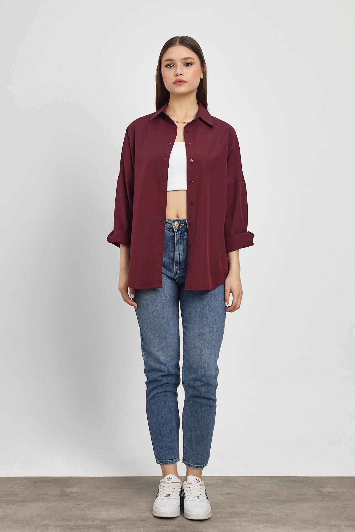 Bordo Relaxed Fit Rahat Kesim Basic Gömlek - 6621A - 6
