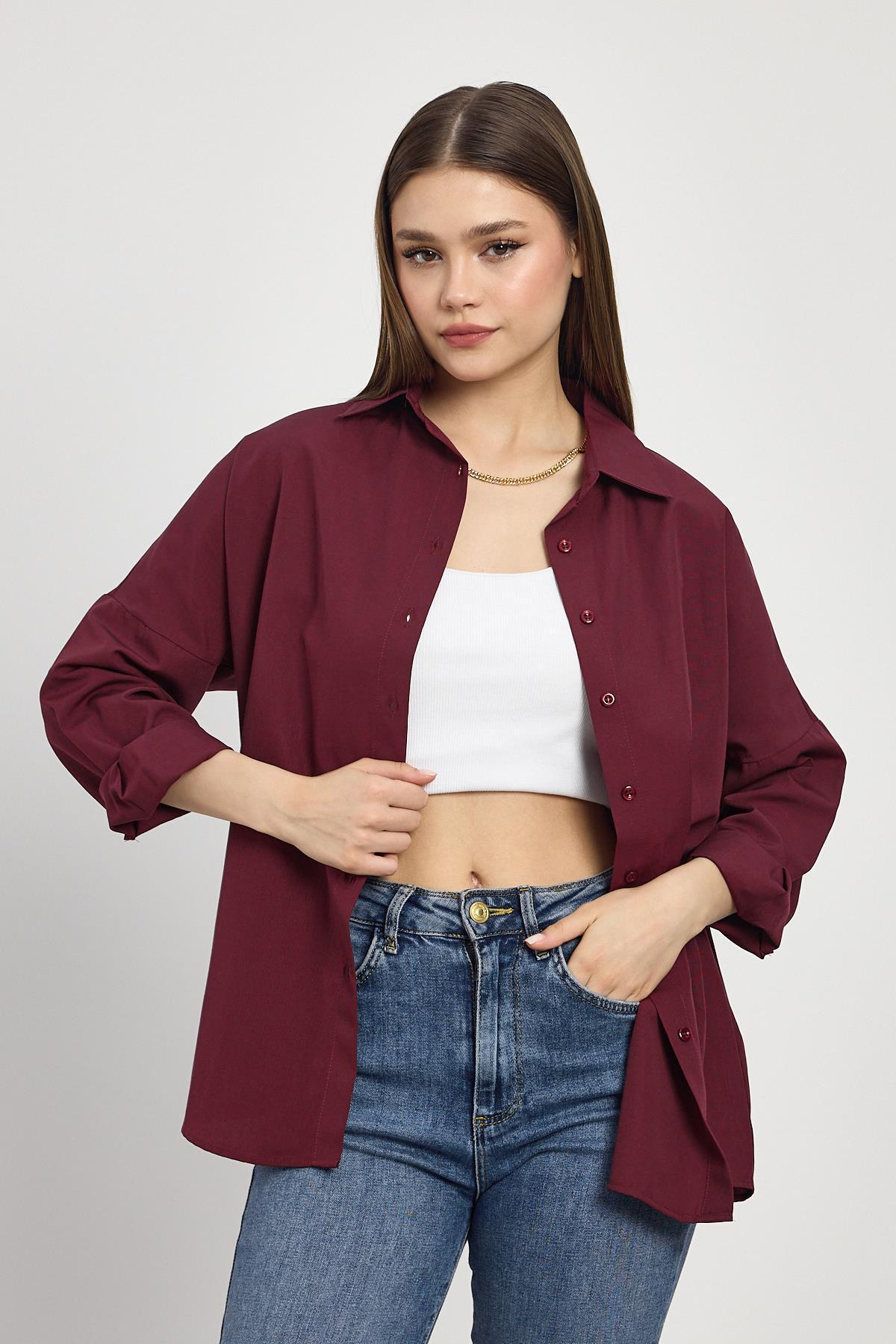 Bordo Relaxed Fit Rahat Kesim Basic Gömlek - 6621A - 7