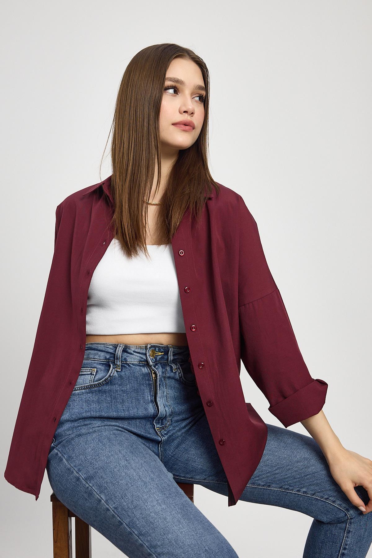 Bordo Relaxed Fit Rahat Kesim Basic Gömlek - 6621A - 8