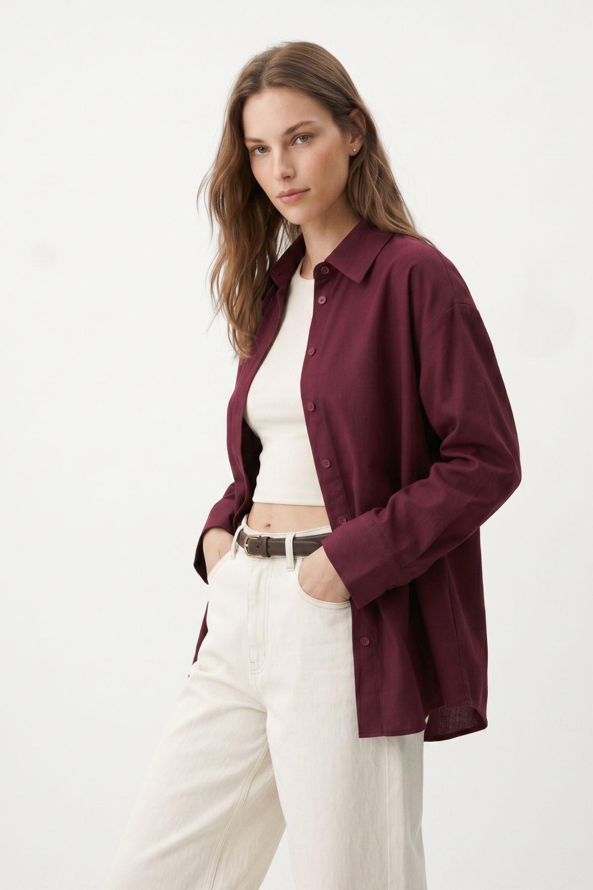 Bordo Relaxed Fit Rahat Kesim Basic Gömlek - 6621A - RAYS