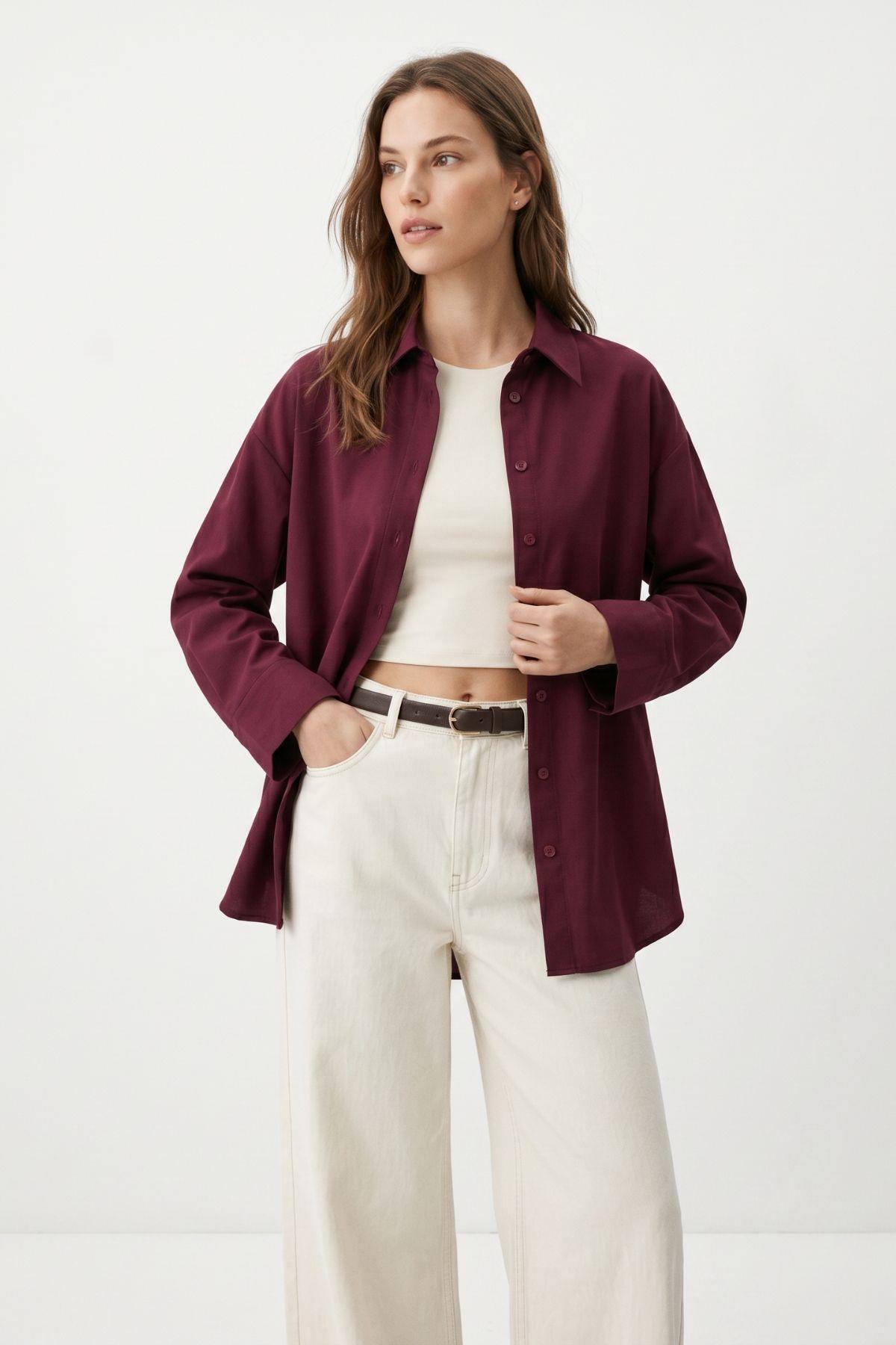 Bordo Relaxed Fit Rahat Kesim Basic Gömlek - 6621A - RAYS
