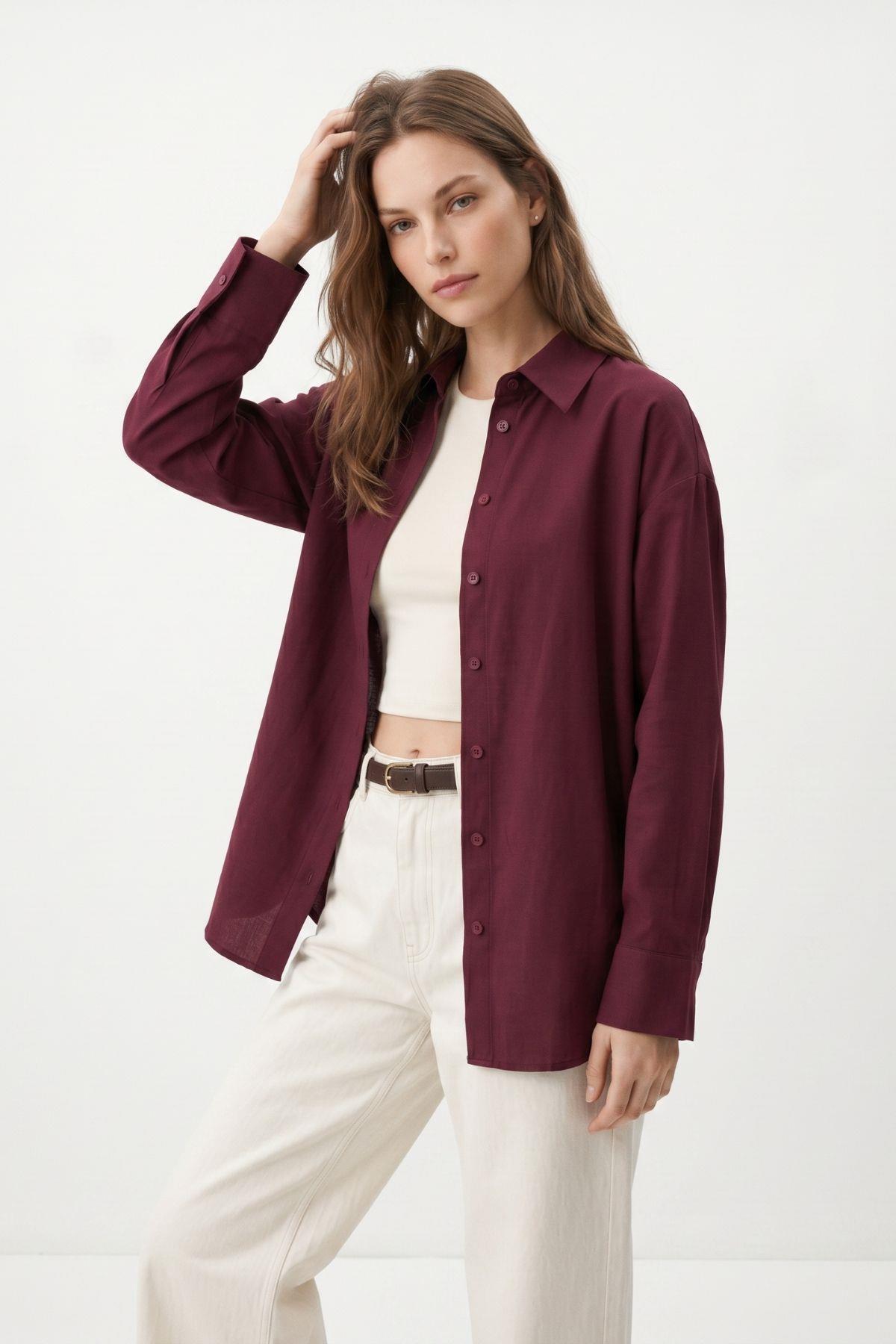 Bordo Relaxed Fit Rahat Kesim Basic Gömlek - 6621A - RAYS