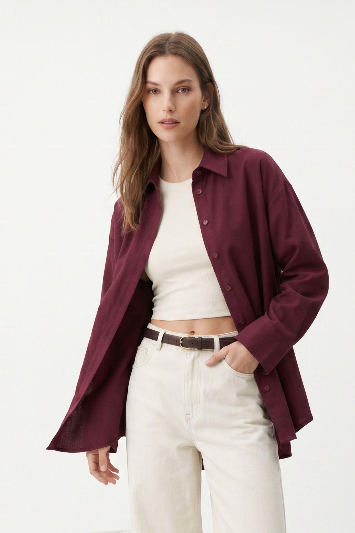 Bordo Relaxed Fit Rahat Kesim Basic Gömlek - 6621A - RAYS