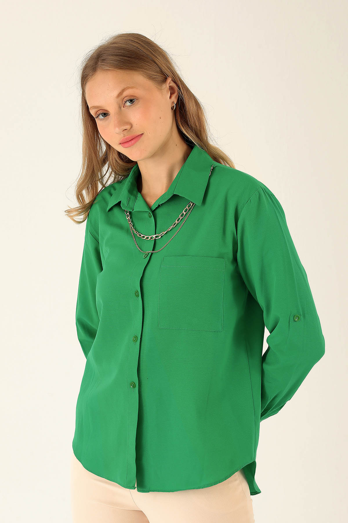 Tek Cepli Kolyeli Bayan Gömlek - 6785A Benetton Yeşili - 1