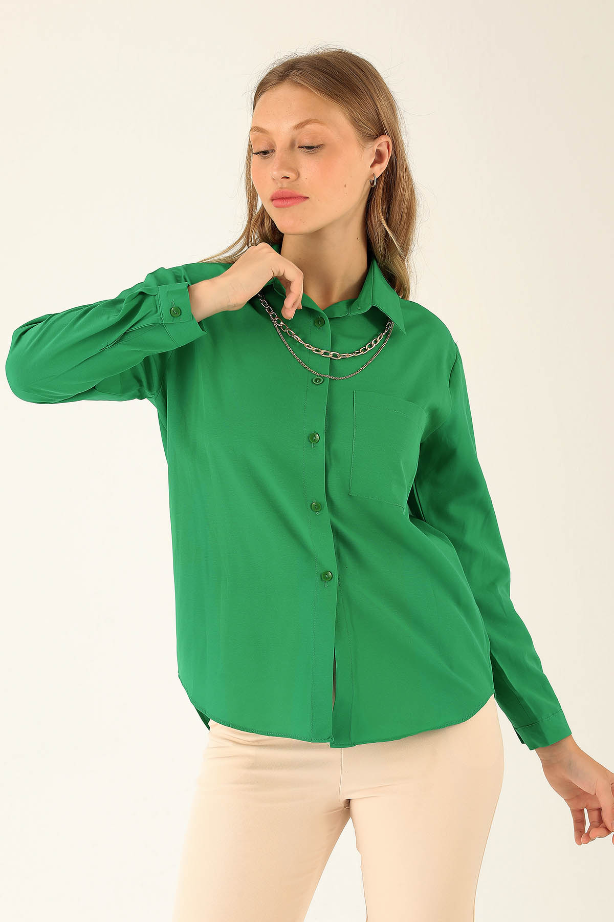 Tek Cepli Kolyeli Bayan Gömlek - 6785A Benetton Yeşili - 2