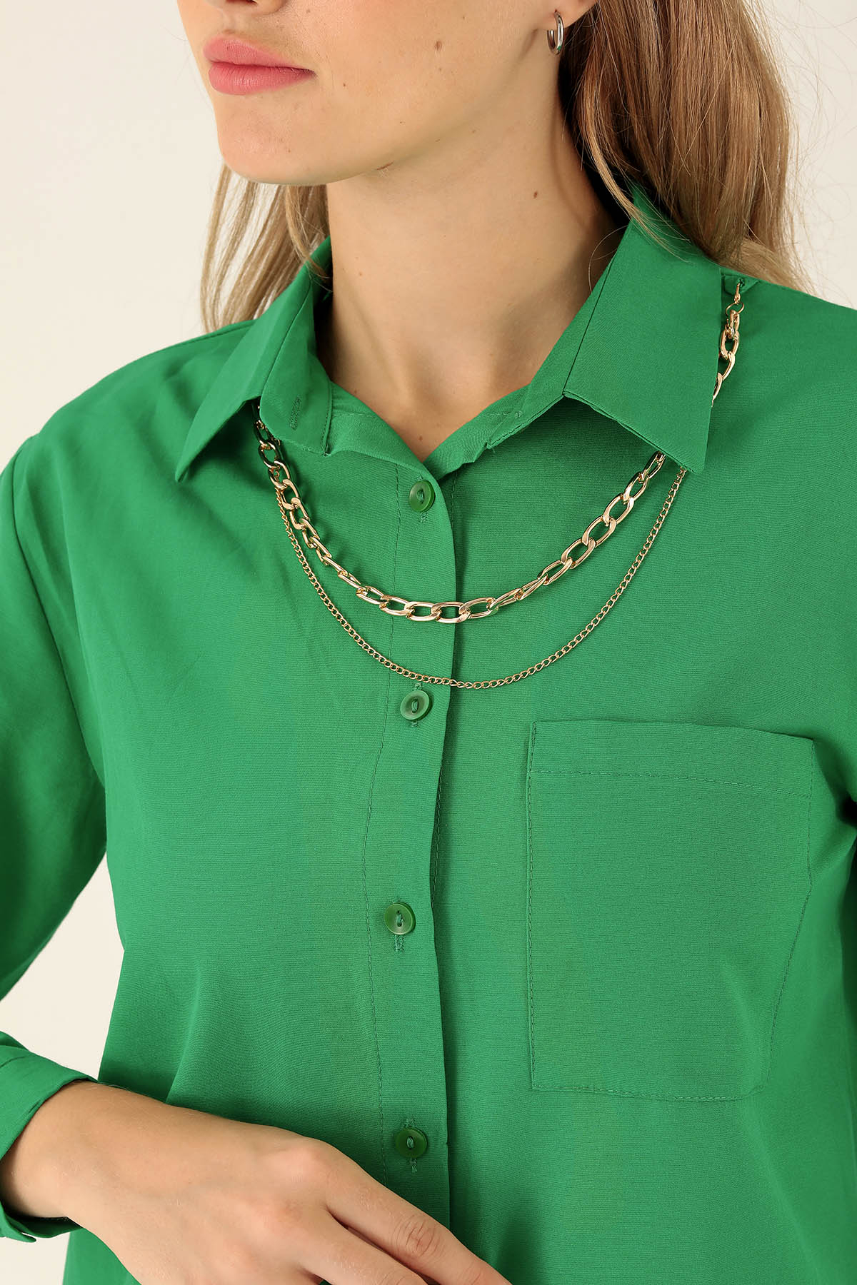 Tek Cepli Kolyeli Bayan Gömlek - 6785A Benetton Yeşili - 6