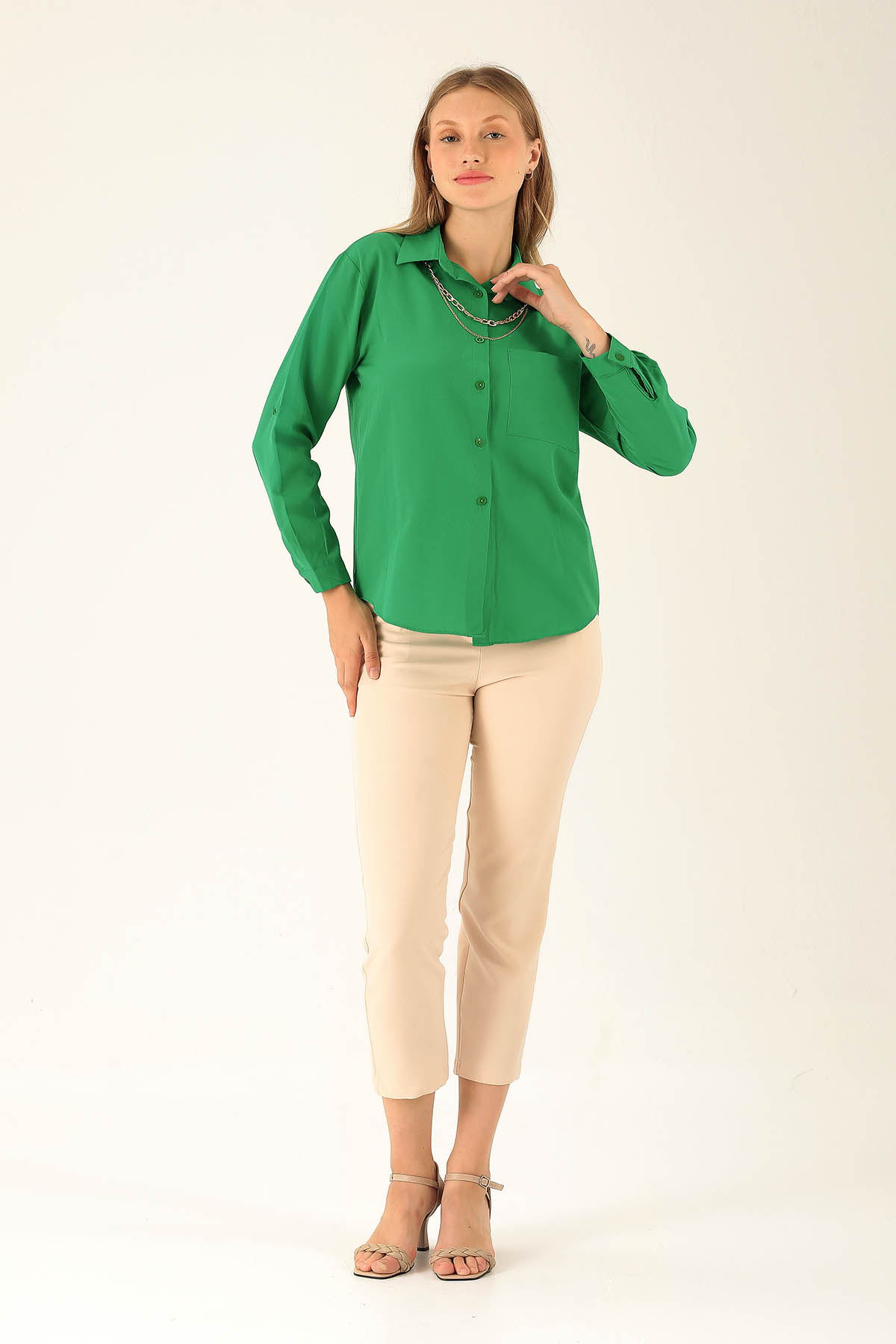 Tek Cepli Kolyeli Bayan Gömlek - 6785A Benetton Yeşili - 4