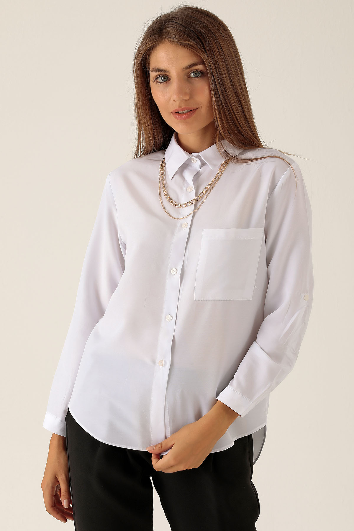 Tek Cepli Kolyeli Bayan Gömlek - 6785A Beyaz 