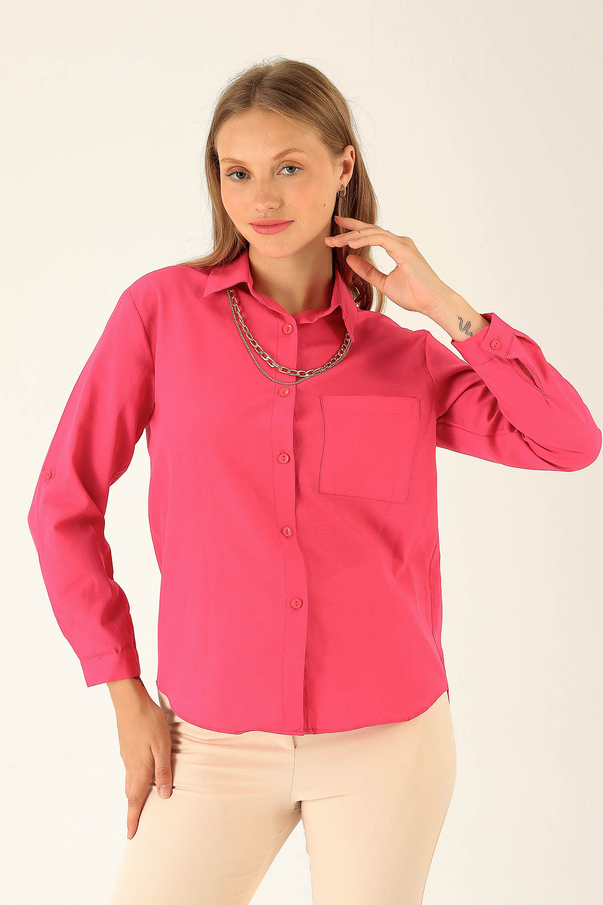 Tek Cepli Kolyeli Bayan Gömlek - 6785A Fuşya - 2