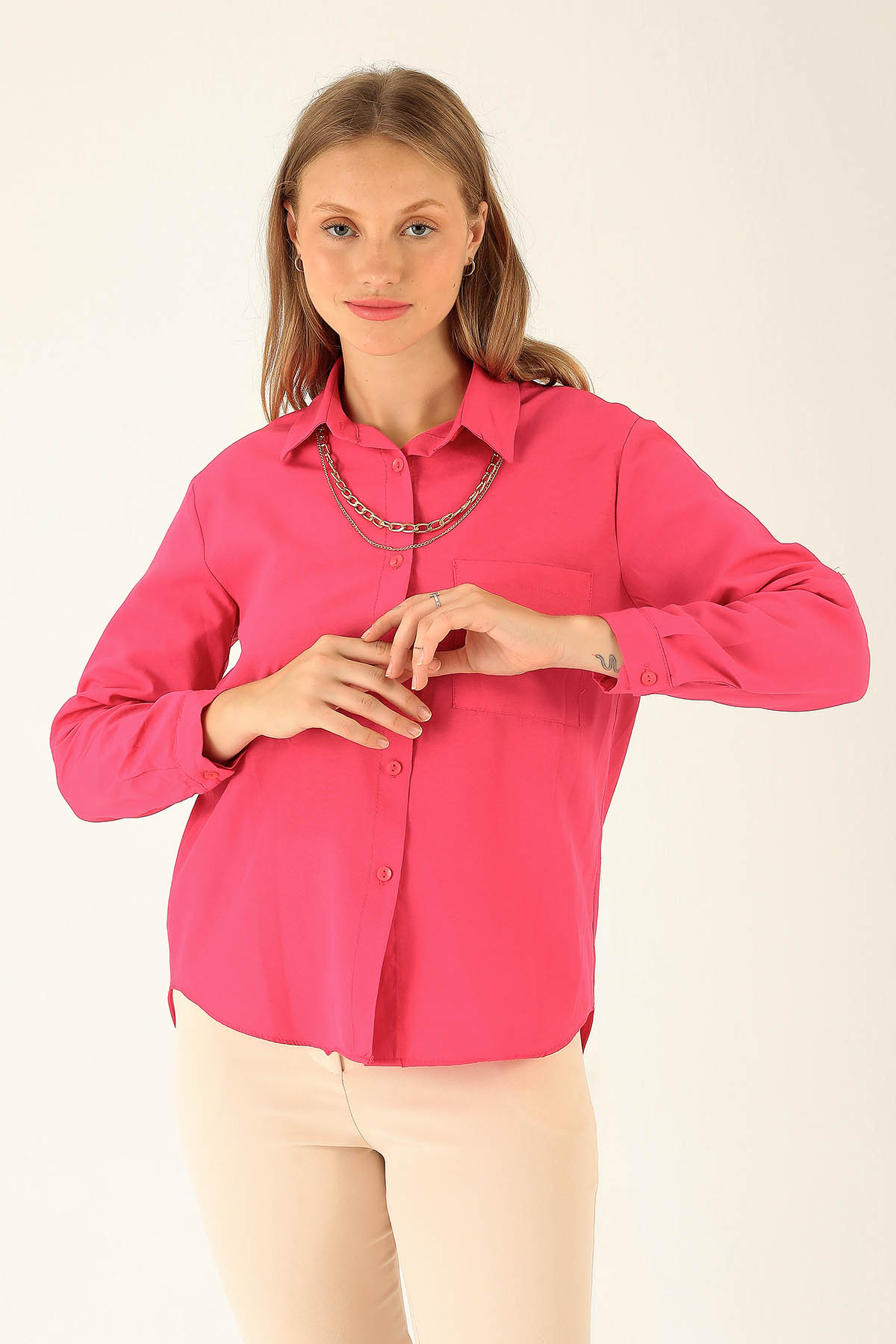 Tek Cepli Kolyeli Bayan Gömlek - 6785A Fuşya 