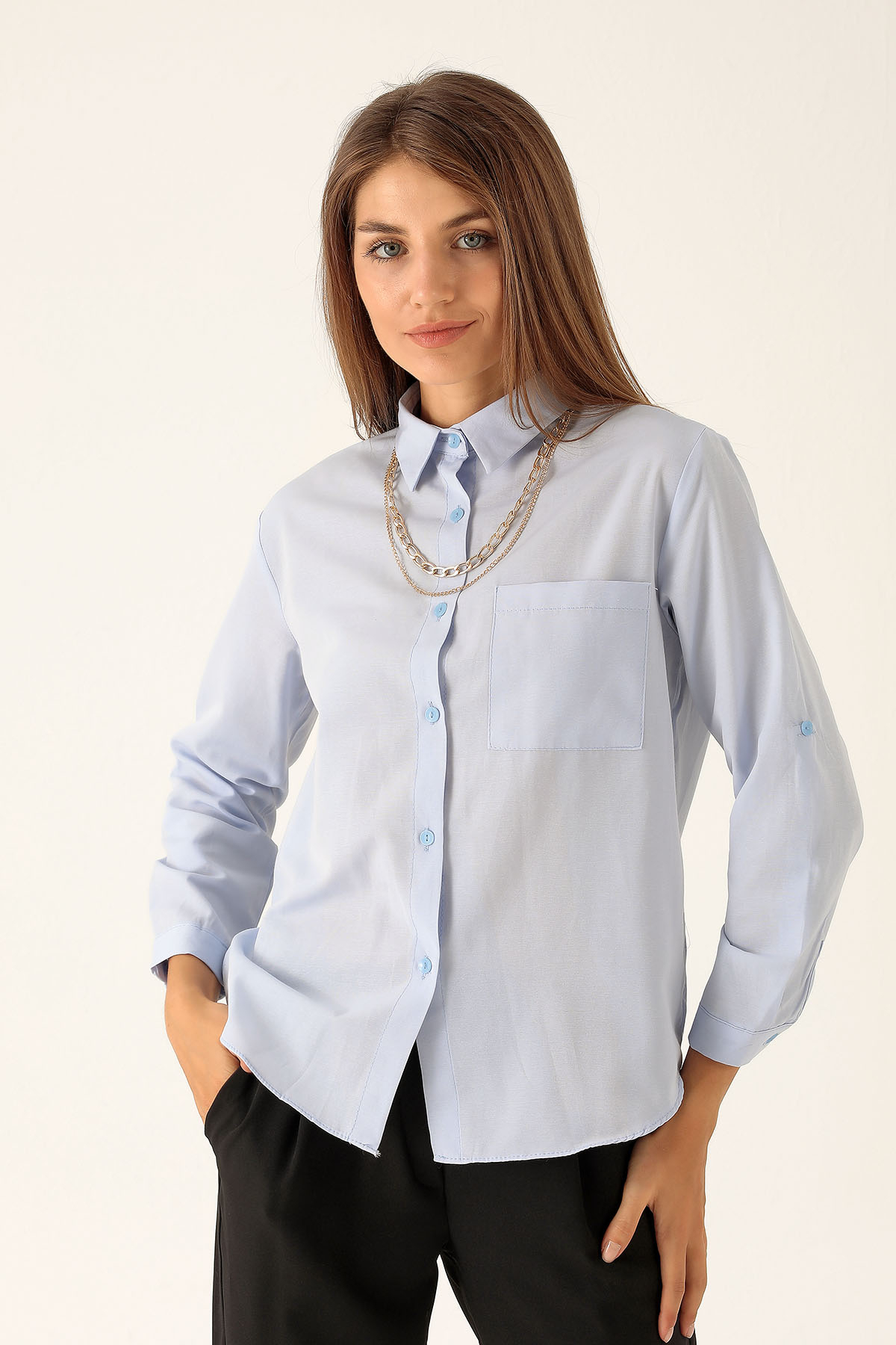 Tek Cepli Kolyeli Bayan Gömlek - 6785A Mavi - 1